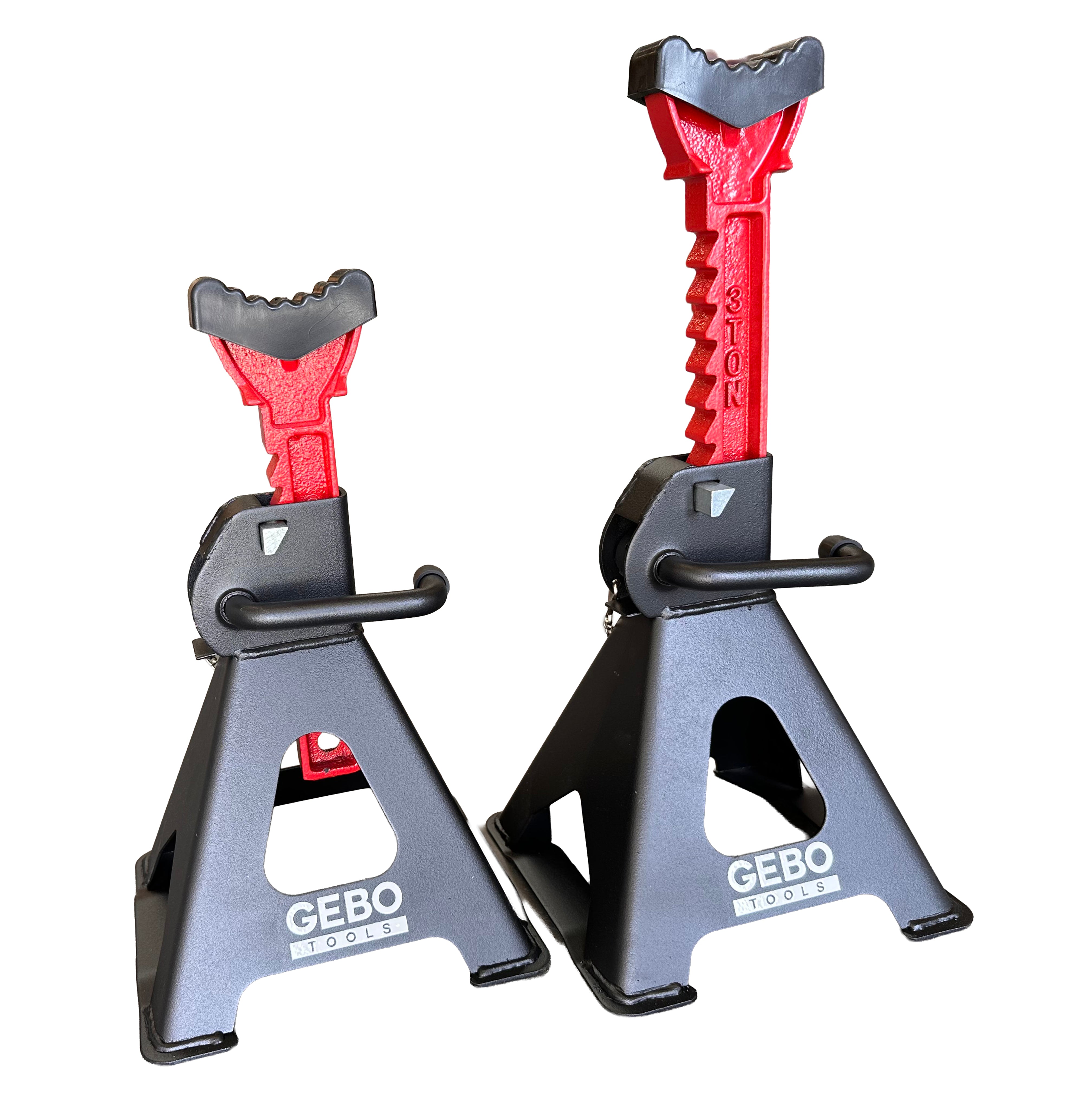TARTÓBAK KÉSZLET 2 DB 3 T 29.5-43 CM DUPLA BIZTOSÍTÓVAL ÉS AUTÓKÜSZÖB VÉDŐ GUMI TAMPONNAL GEBO TOOLS