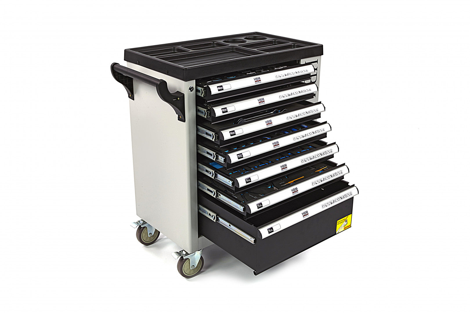 PROFESSZIONÁLIS FELSZERELT SZERSZÁMOS KOCSI – SZERSZÁMOS SZEKRÉNY HBM 7 FIÓKKAL, 245 DARABOS KÉSZLET, 6 SZÉNMODUL – HOLLANDIA, PRÉMIUM