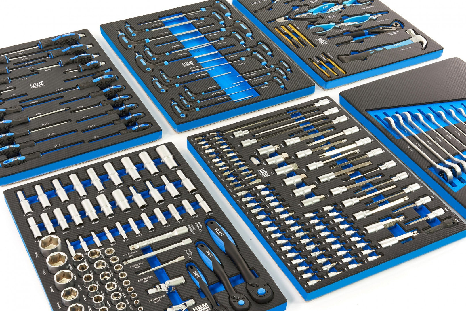 PROFESSZIONÁLIS FELSZERELT SZERSZÁMOS KOCSI – SZERSZÁMOS SZEKRÉNY HBM 7 FIÓKKAL, 245 DARABOS KÉSZLET, 6 SZÉNMODUL – HOLLANDIA, PRÉMIUM