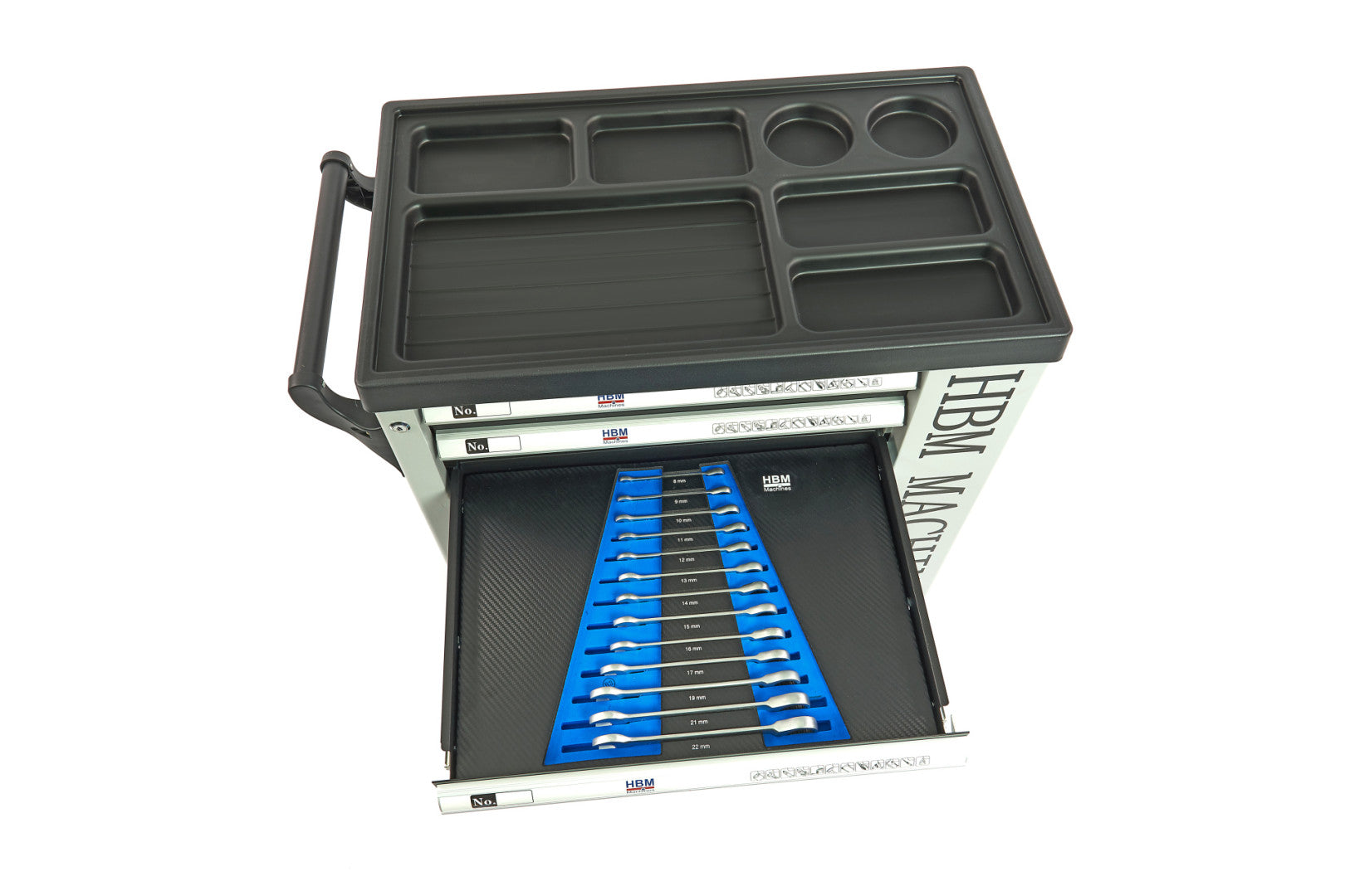 PROFESSZIONÁLIS FELSZERELT SZERSZÁMOS KOCSI – SZERSZÁMOS SZEKRÉNY HBM 7 FIÓKKAL, 245 DARABOS KÉSZLET, 6 SZÉNMODUL – HOLLANDIA, PRÉMIUM