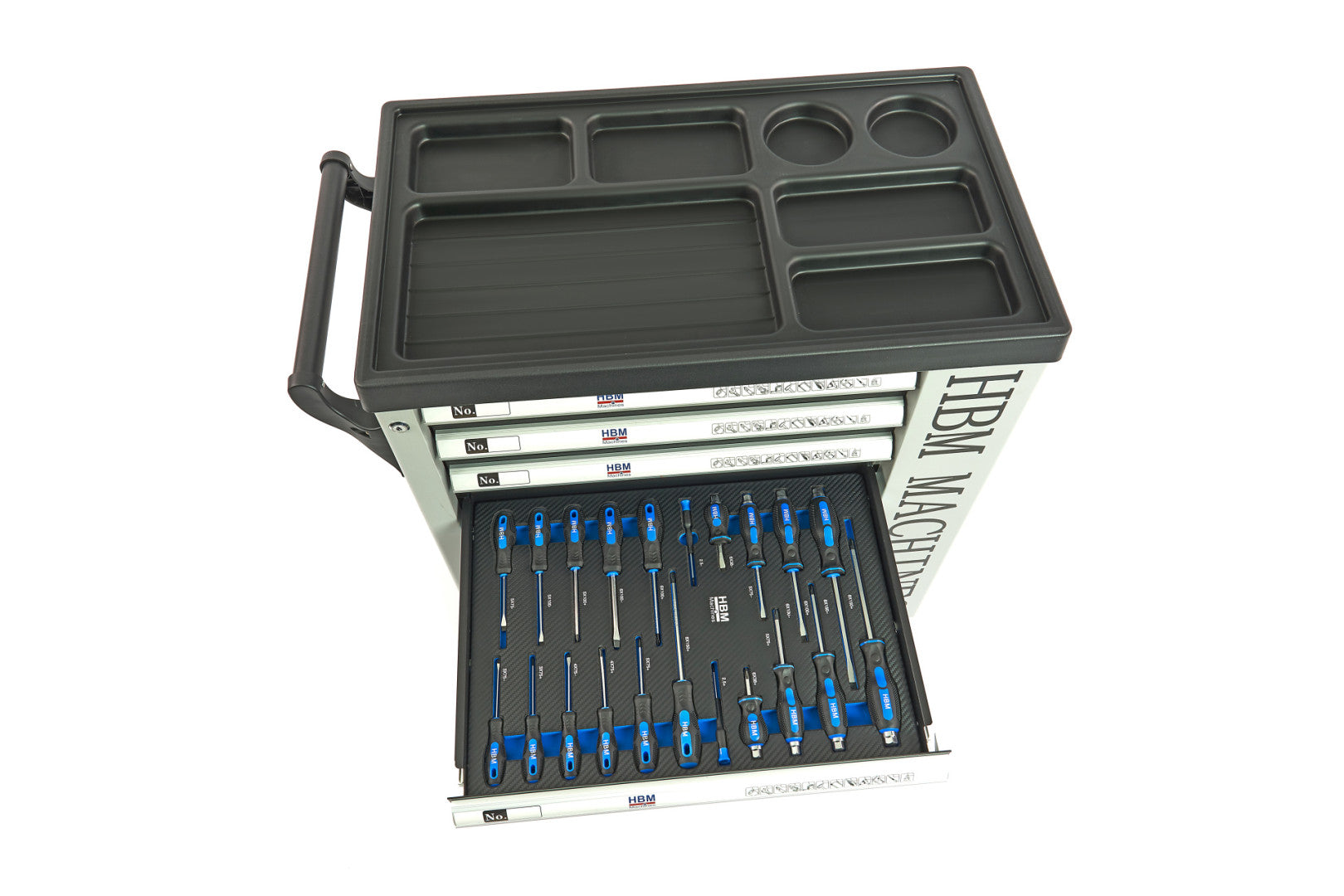 PROFESSZIONÁLIS FELSZERELT SZERSZÁMOS KOCSI – SZERSZÁMOS SZEKRÉNY HBM 7 FIÓKKAL, 245 DARABOS KÉSZLET, 6 SZÉNMODUL – HOLLANDIA, PRÉMIUM