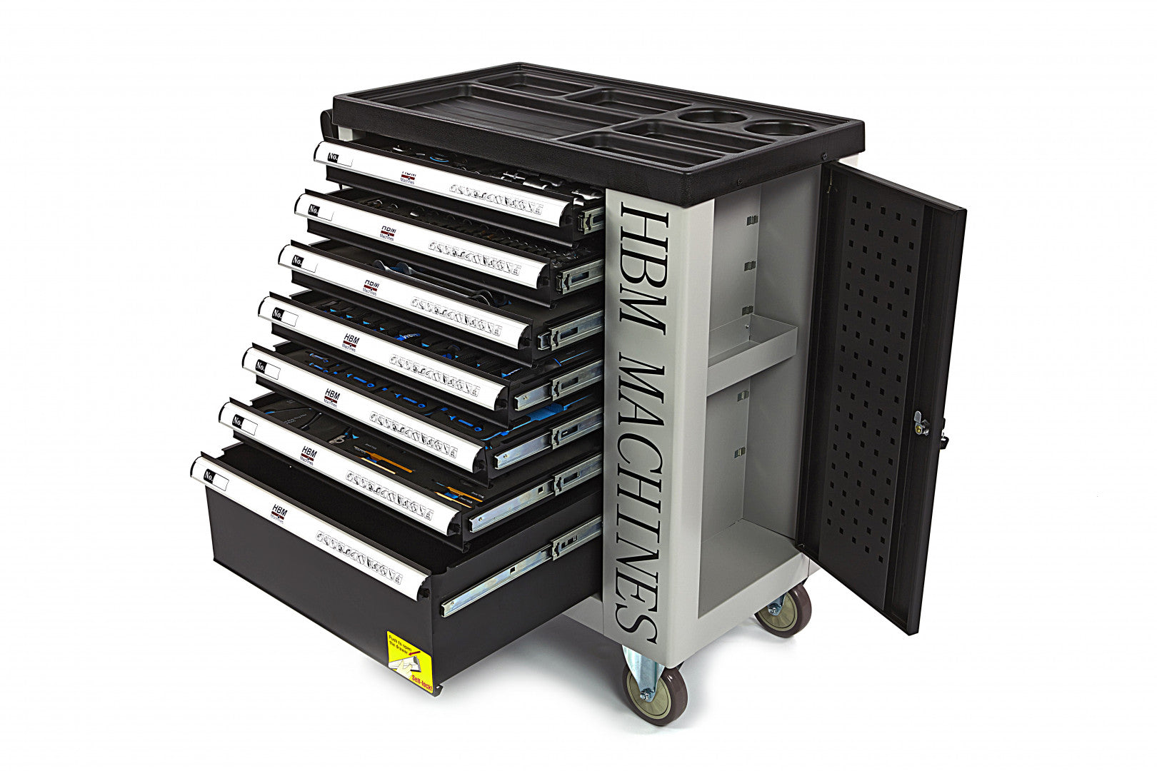 PROFESSZIONÁLIS FELSZERELT SZERSZÁMOS KOCSI – SZERSZÁMOS SZEKRÉNY HBM 7 FIÓKKAL, 245 DARABOS KÉSZLET, 6 SZÉNMODUL – HOLLANDIA, PRÉMIUM
