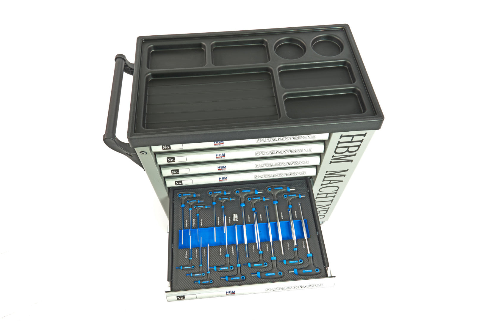 PROFESSZIONÁLIS FELSZERELT SZERSZÁMOS KOCSI – SZERSZÁMOS SZEKRÉNY HBM 7 FIÓKKAL, 245 DARABOS KÉSZLET, 6 SZÉNMODUL – HOLLANDIA, PRÉMIUM