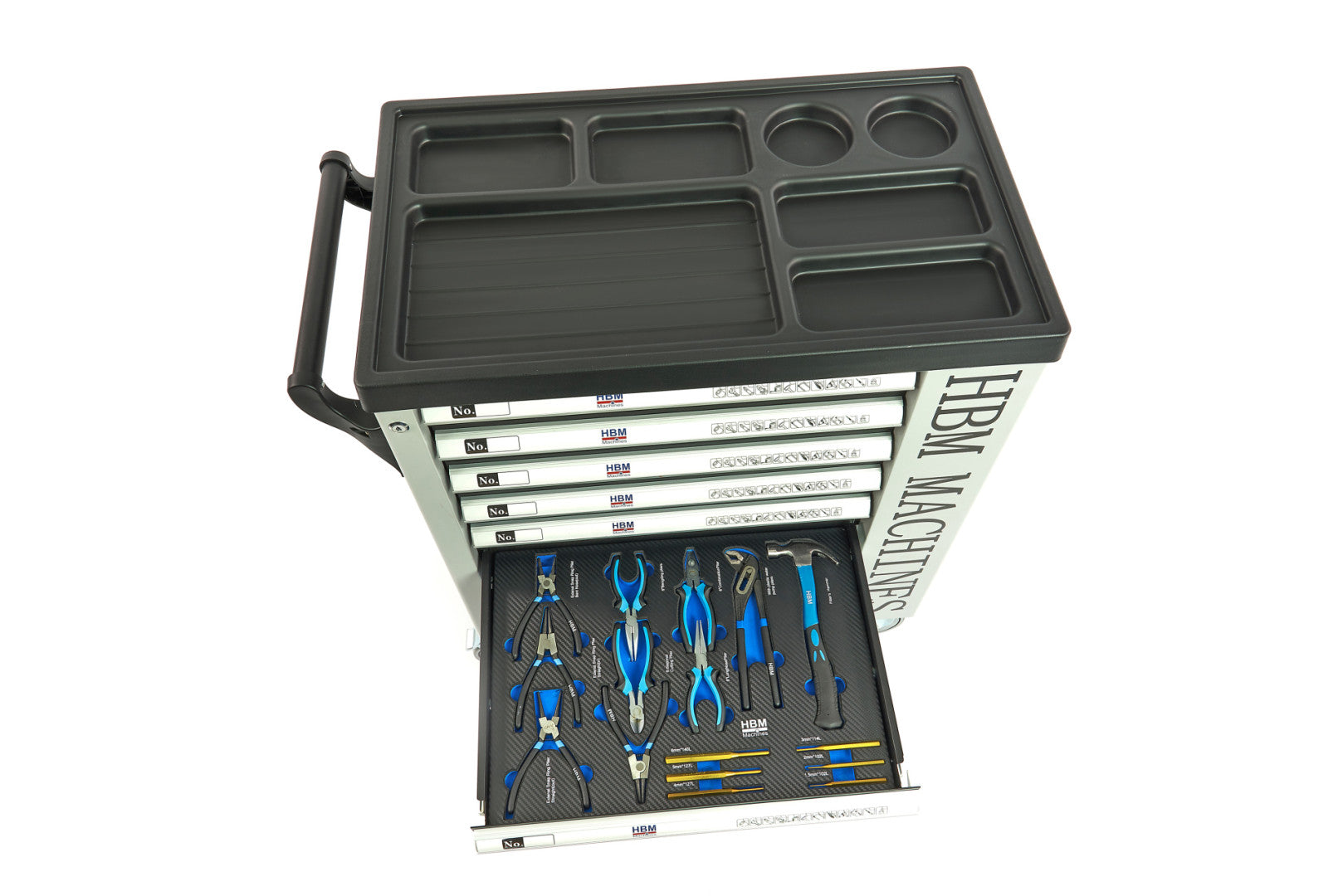 PROFESSZIONÁLIS FELSZERELT SZERSZÁMOS KOCSI – SZERSZÁMOS SZEKRÉNY HBM 7 FIÓKKAL, 245 DARABOS KÉSZLET, 6 SZÉNMODUL – HOLLANDIA, PRÉMIUM