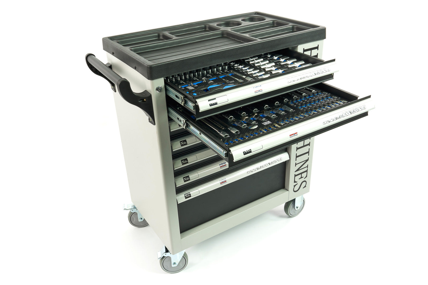 PROFESSZIONÁLIS FELSZERELT SZERSZÁMOS KOCSI – SZERSZÁMOS SZEKRÉNY HBM 7 FIÓKKAL, 245 DARABOS KÉSZLET, 6 SZÉNMODUL – HOLLANDIA, PRÉMIUM