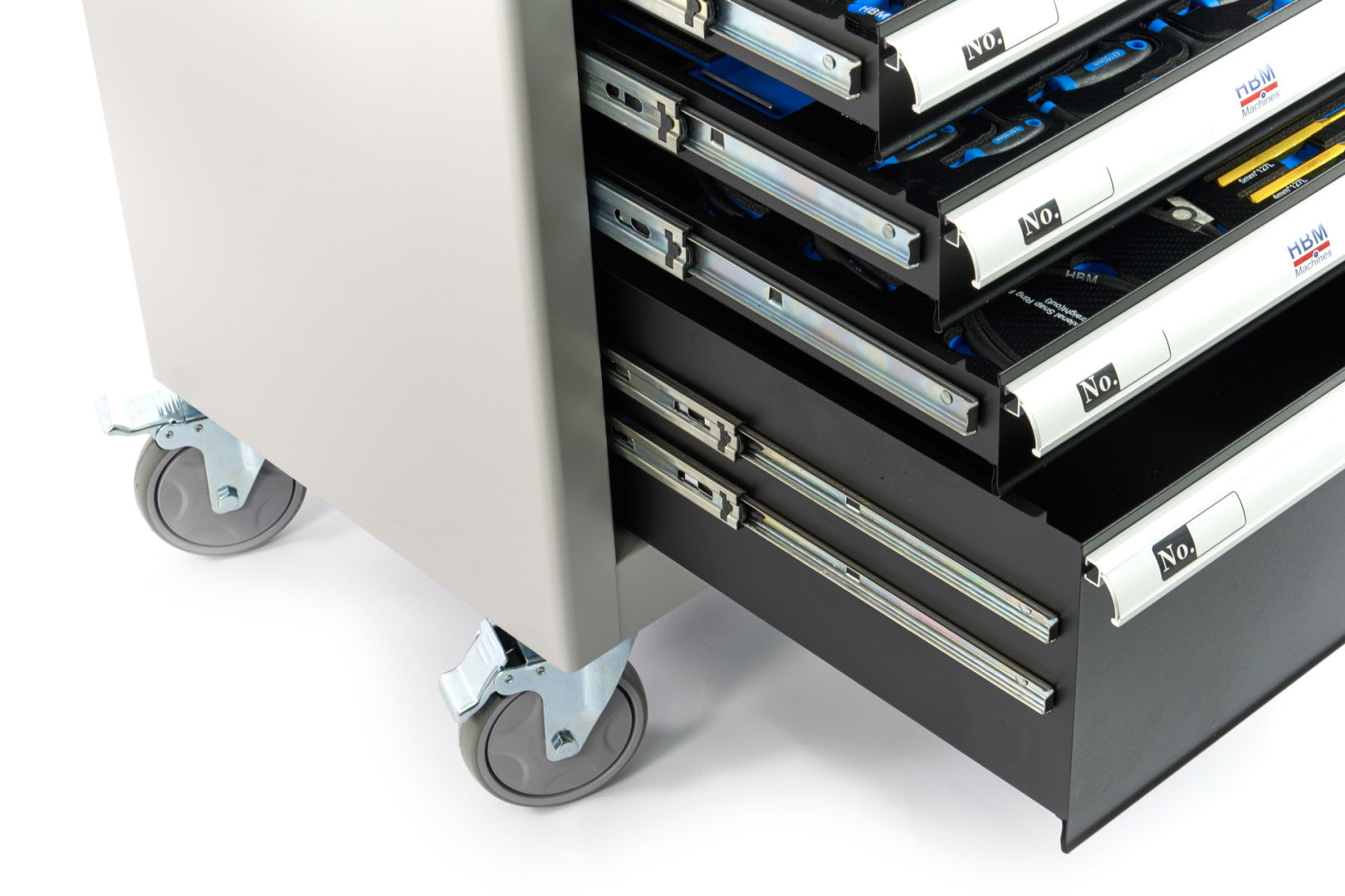 PROFESSZIONÁLIS FELSZERELT SZERSZÁMOS KOCSI – SZERSZÁMOS SZEKRÉNY HBM 7 FIÓKKAL, 245 DARABOS KÉSZLET, 6 SZÉNMODUL – HOLLANDIA, PRÉMIUM