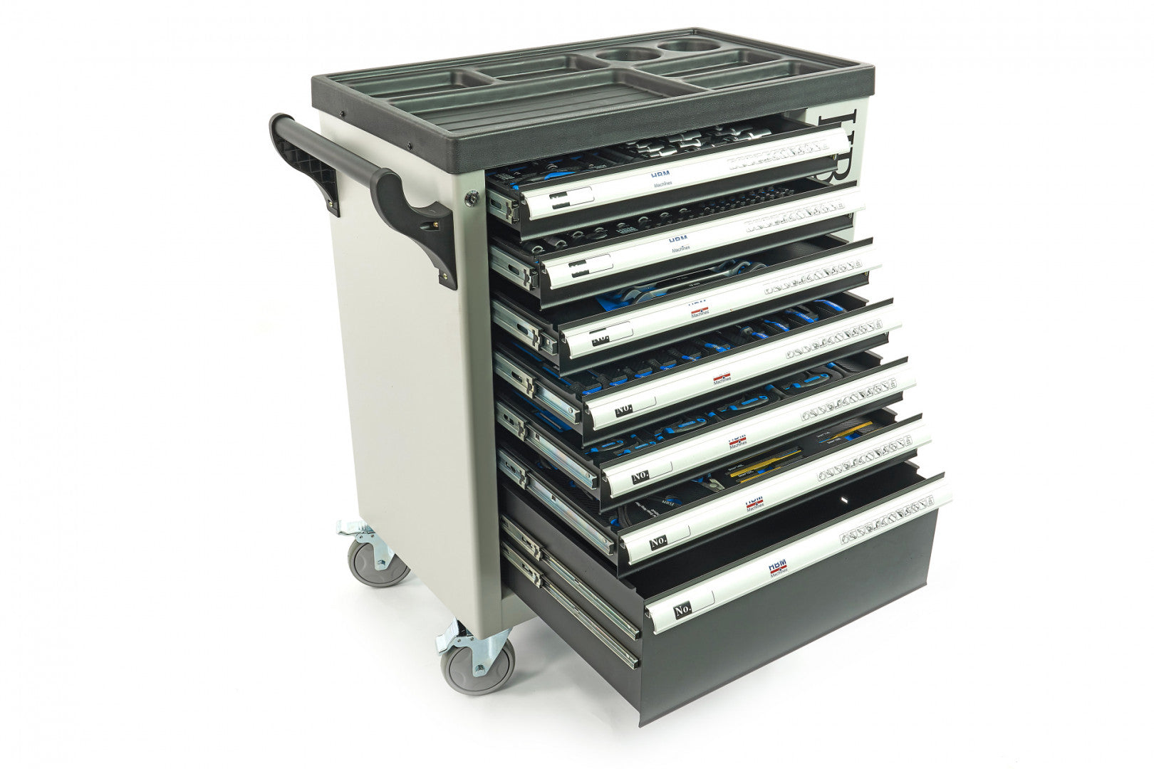 PROFESSZIONÁLIS FELSZERELT SZERSZÁMOS KOCSI – SZERSZÁMOS SZEKRÉNY HBM 7 FIÓKKAL, 245 DARABOS KÉSZLET, 6 SZÉNMODUL – HOLLANDIA, PRÉMIUM