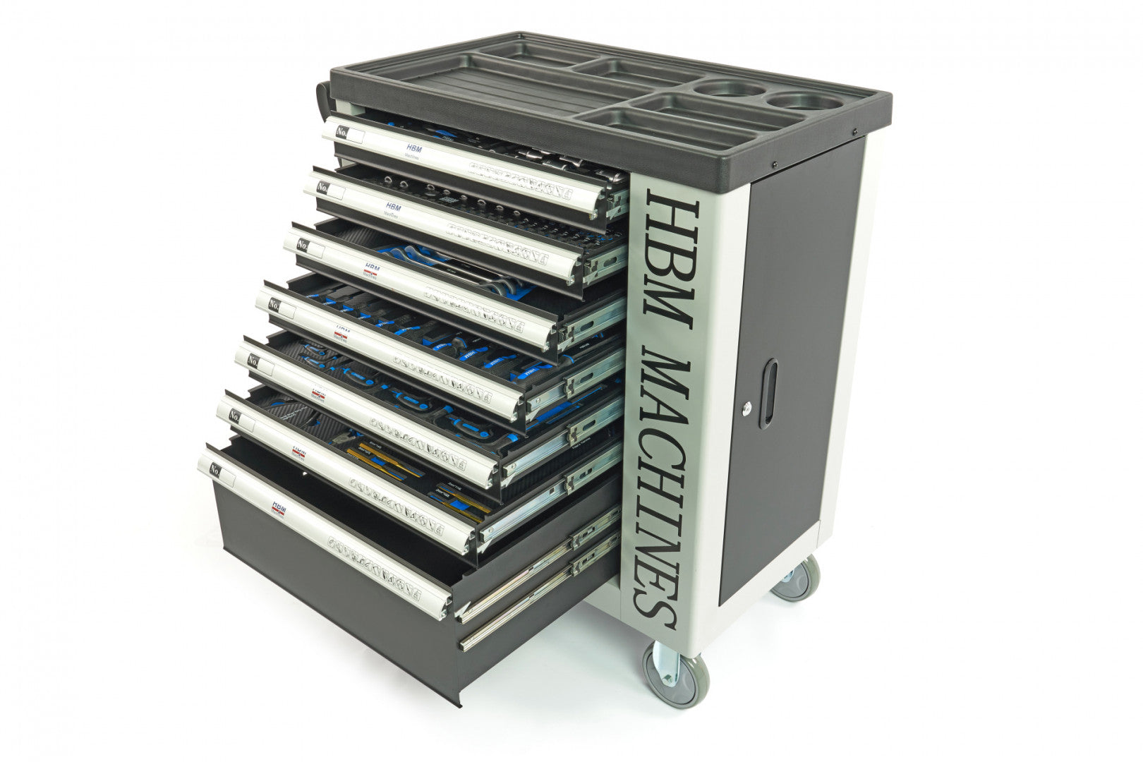 PROFESSZIONÁLIS FELSZERELT SZERSZÁMOS KOCSI – SZERSZÁMOS SZEKRÉNY HBM 7 FIÓKKAL, 245 DARABOS KÉSZLET, 6 SZÉNMODUL – HOLLANDIA, PRÉMIUM