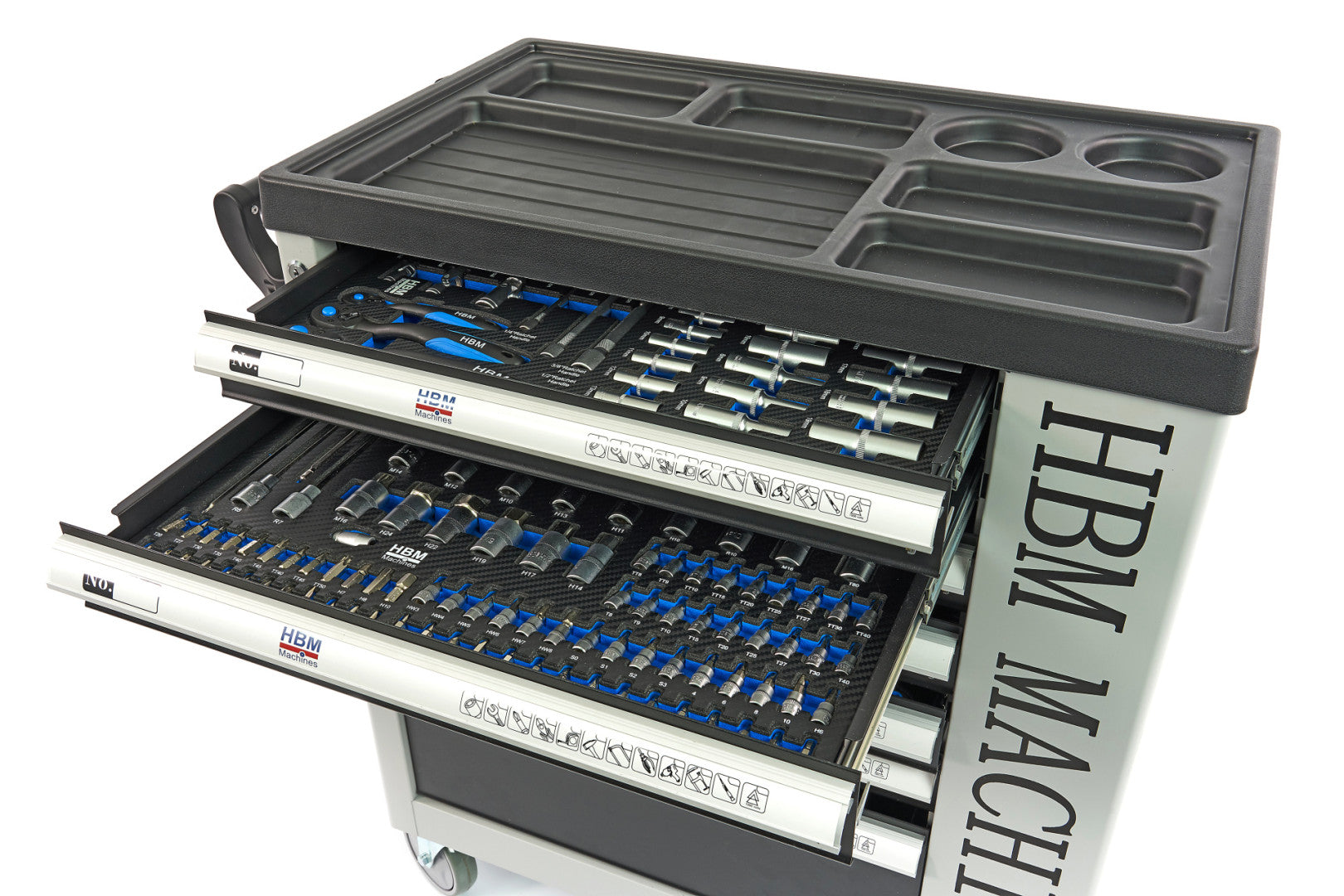 PROFESSZIONÁLIS FELSZERELT SZERSZÁMOS KOCSI – SZERSZÁMOS SZEKRÉNY HBM 7 FIÓKKAL, 245 DARABOS KÉSZLET, 6 SZÉNMODUL – HOLLANDIA, PRÉMIUM