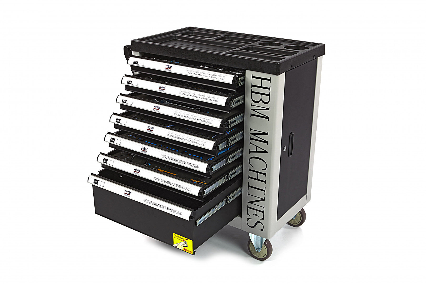 PROFESSZIONÁLIS FELSZERELT SZERSZÁMOS KOCSI – SZERSZÁMOS SZEKRÉNY HBM 7 FIÓKKAL, 245 DARABOS KÉSZLET, 6 SZÉNMODUL – HOLLANDIA, PRÉMIUM