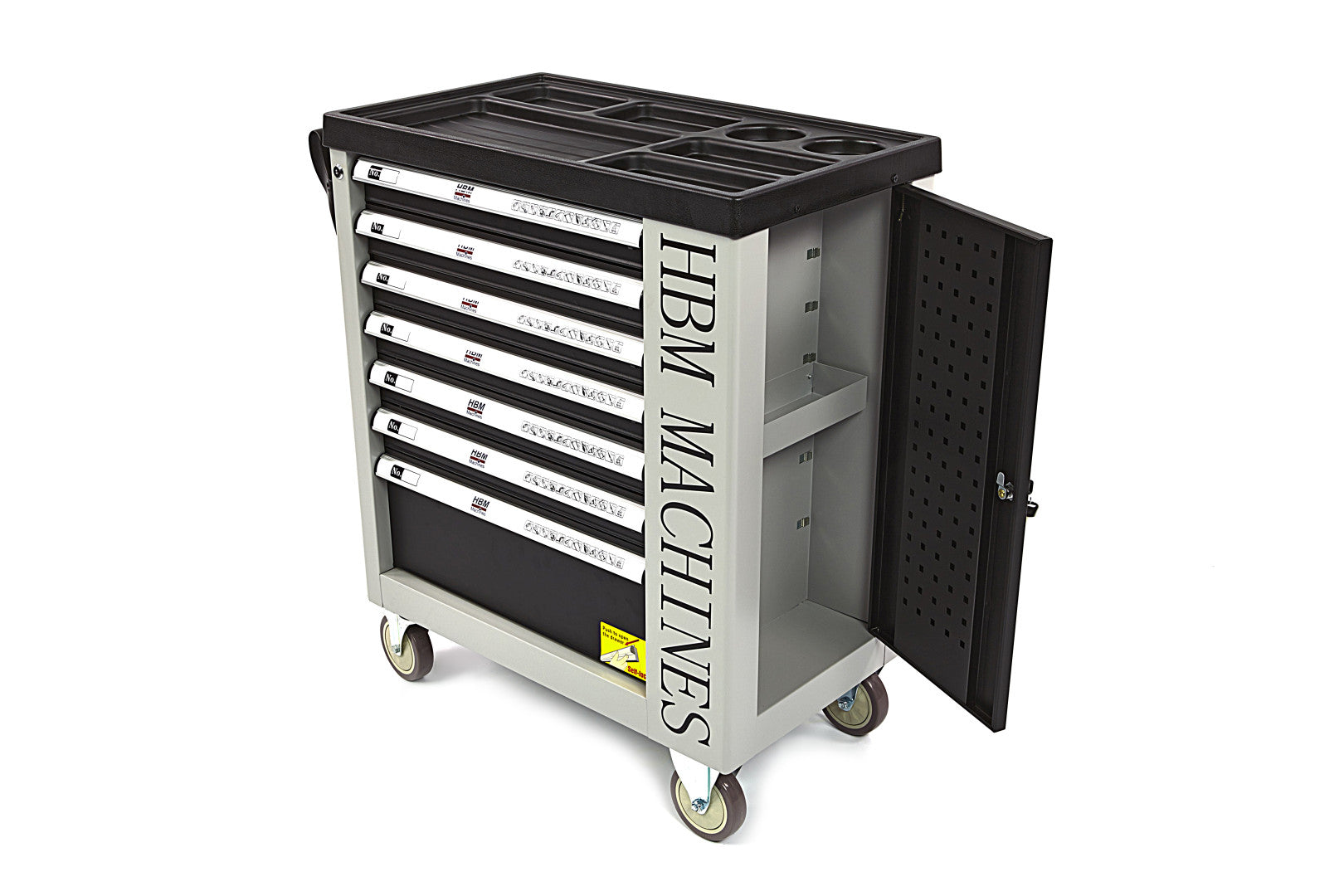 PROFESSZIONÁLIS FELSZERELT SZERSZÁMOS KOCSI – SZERSZÁMOS SZEKRÉNY HBM 7 FIÓKKAL, 245 DARABOS KÉSZLET, 6 SZÉNMODUL – HOLLANDIA, PRÉMIUM