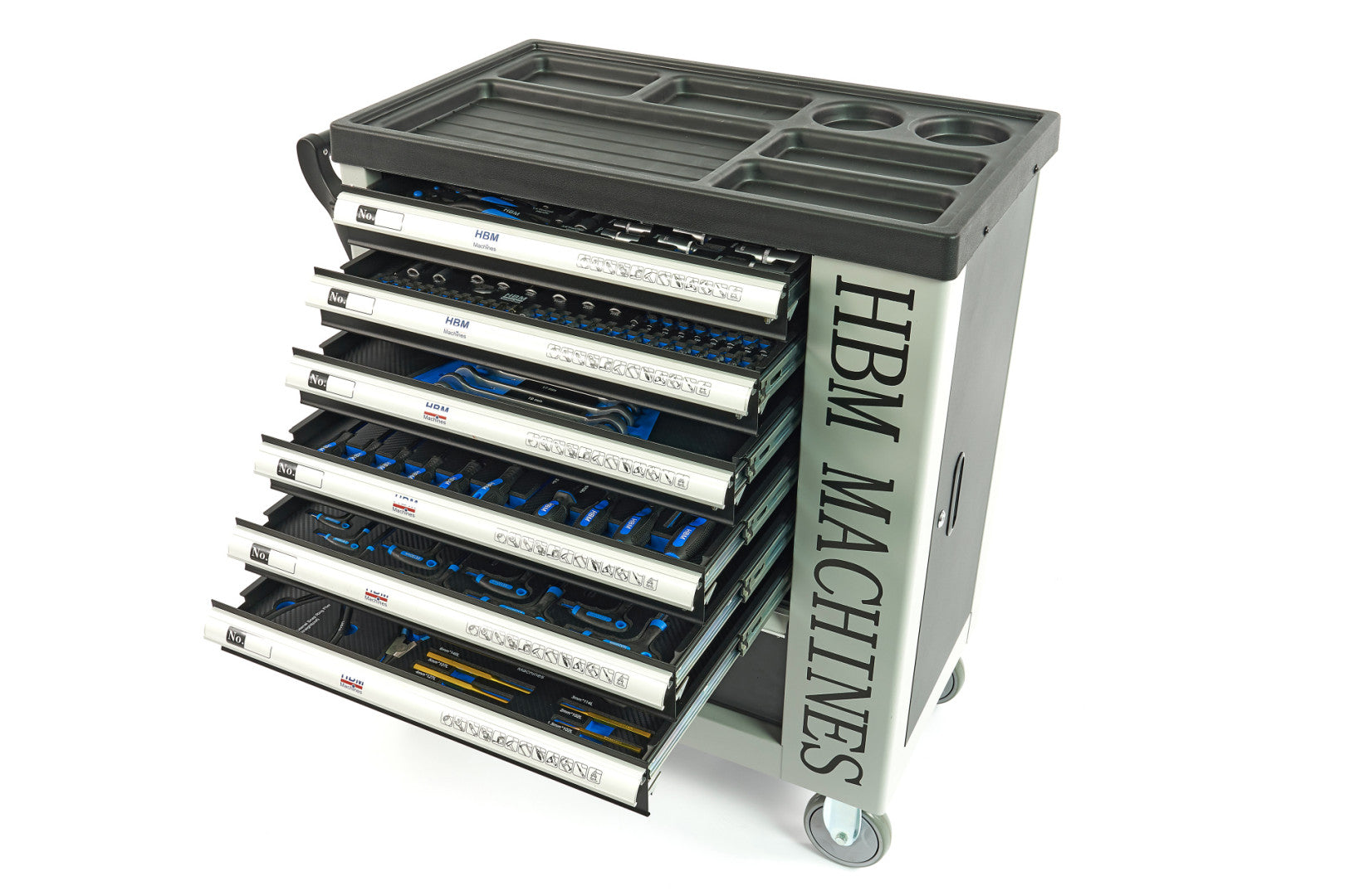 PROFESSZIONÁLIS FELSZERELT SZERSZÁMOS KOCSI – SZERSZÁMOS SZEKRÉNY HBM 7 FIÓKKAL, 245 DARABOS KÉSZLET, 6 SZÉNMODUL – HOLLANDIA, PRÉMIUM