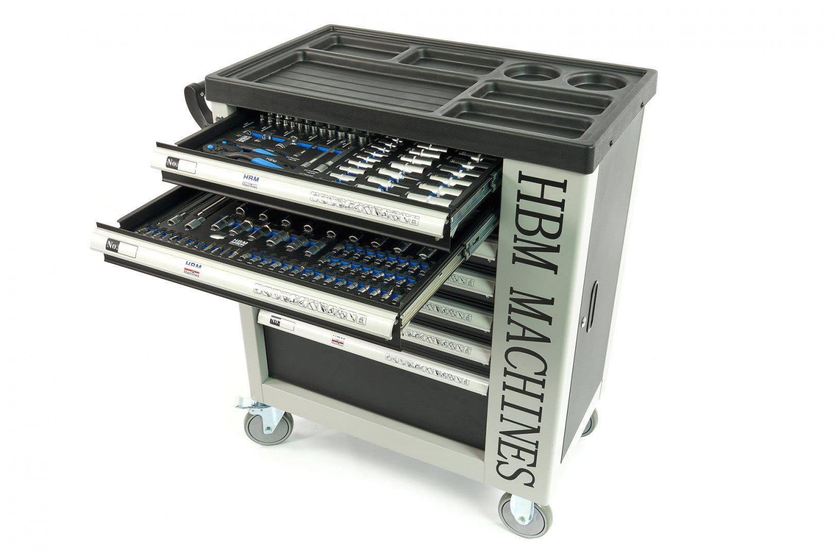 PROFESSZIONÁLIS FELSZERELT SZERSZÁMOS KOCSI – SZERSZÁMOS SZEKRÉNY HBM 7 FIÓKKAL, 245 DARABOS KÉSZLET, 6 SZÉNMODUL – HOLLANDIA, PRÉMIUM