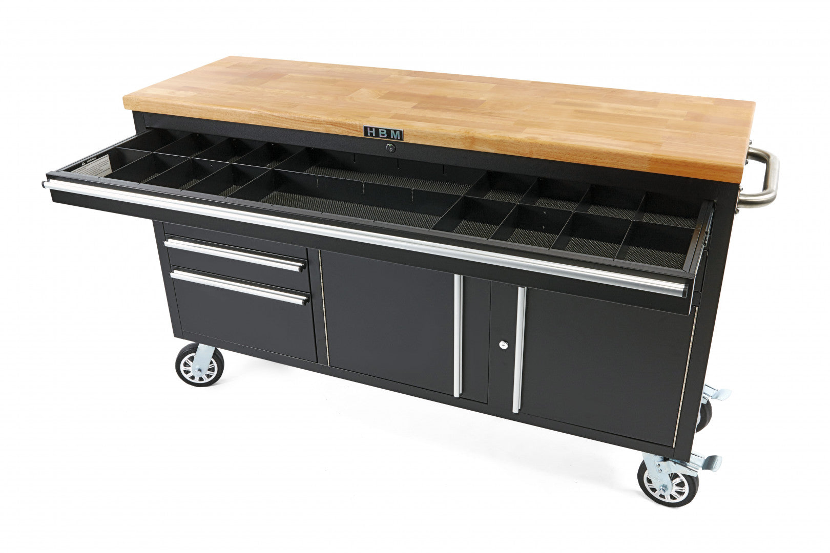 PROFESSZIONÁLIS FÉM SZERSZÁMOS SZEKRÉNY, TÖMÖR FA MUNKALAPPAL, 152 CM HBM