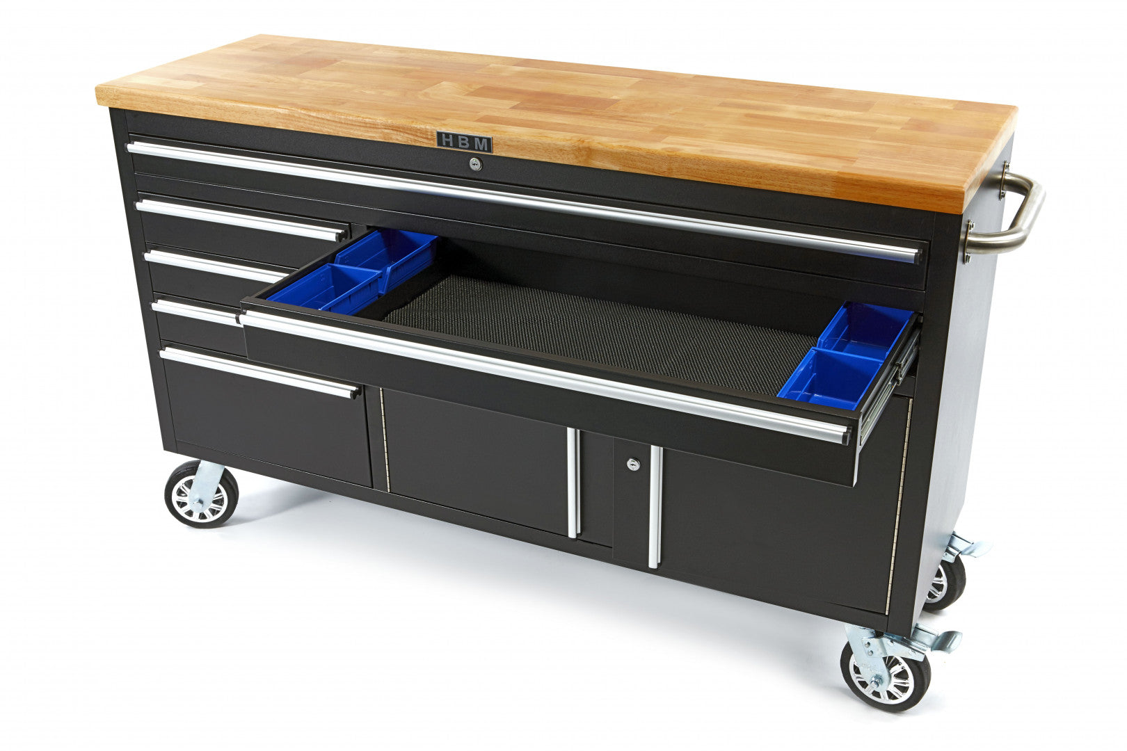 PROFESSZIONÁLIS FÉM SZERSZÁMOS SZEKRÉNY, TÖMÖR FA MUNKALAPPAL, 152 CM HBM