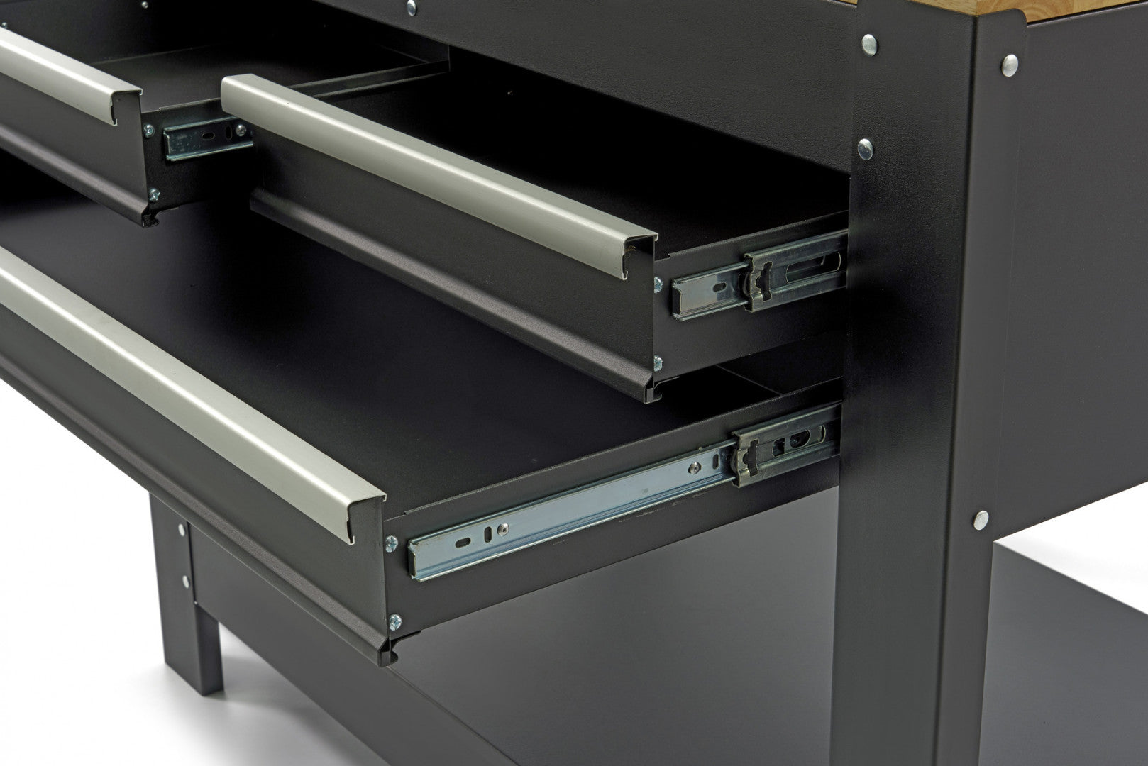 PROFESSZIONÁLIS FÉMMUNKAPAD 3 FIÓKOS, MASSZÍV FA MUNKALAPPAL, LED VILÁGÍTÁSÚ PANEL, 230V-OS ALJZATOK, USB PORT, HOSSZ 115 CM