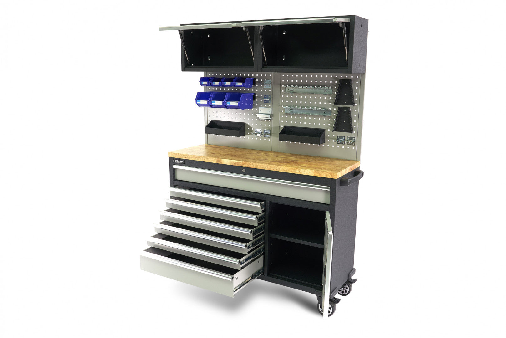 FÉM SZERSZÁMOS SZEKRÉNY TÖMÖRFA MUNKALAPPAL ÉS PANELLEL 136 CM HBM