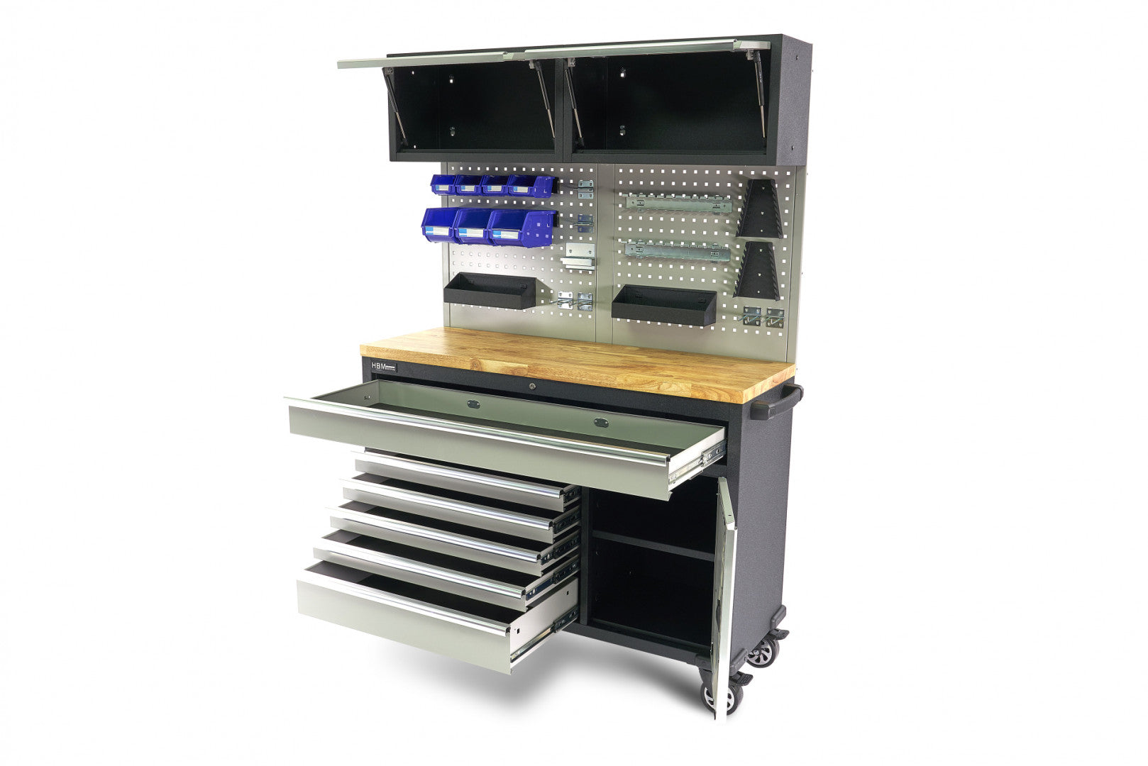 FÉM SZERSZÁMOS SZEKRÉNY TÖMÖRFA MUNKALAPPAL ÉS PANELLEL 136 CM HBM