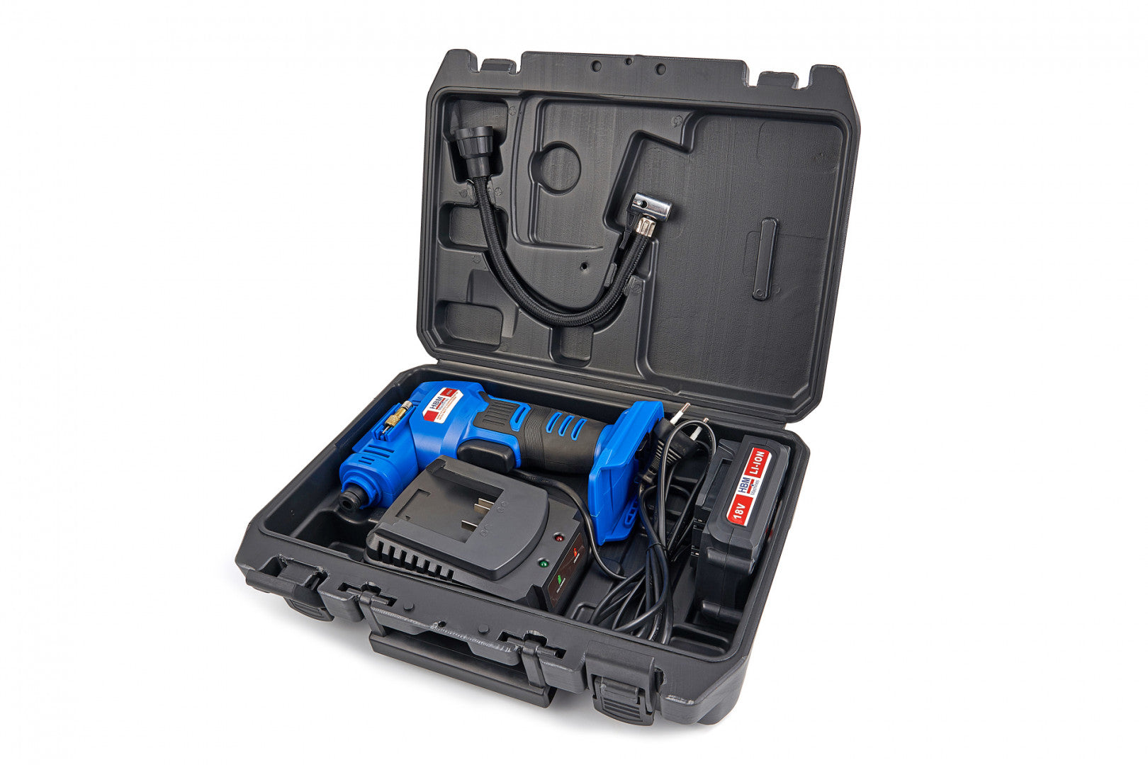 KERÉKFÚJÓ KOMPRESSZOR LED VILÁGÍTÁSSAL ÉS AKKUMULÁTORRAL 18V