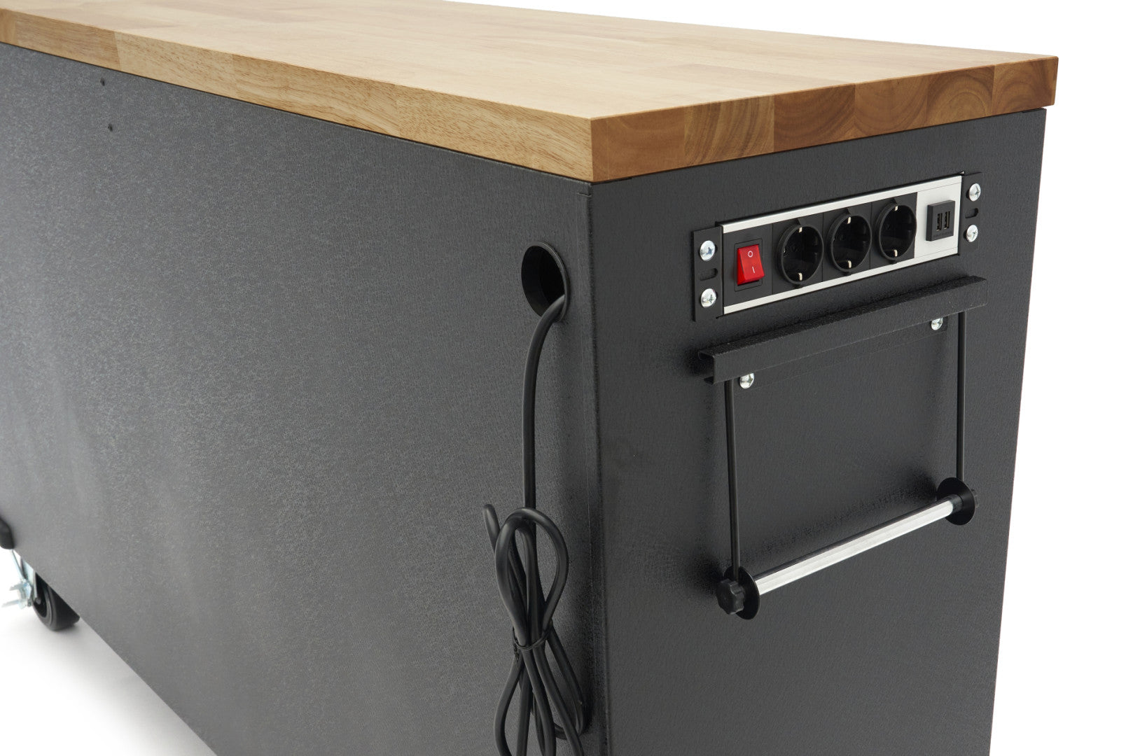 MUNKAPAD – MUNKAASZTAL 18 TÁROLÓVAL 168 CM KEMÉNY FA MUNKALAPPAL 220V/USB CSATLAKOZÓVAL HBM