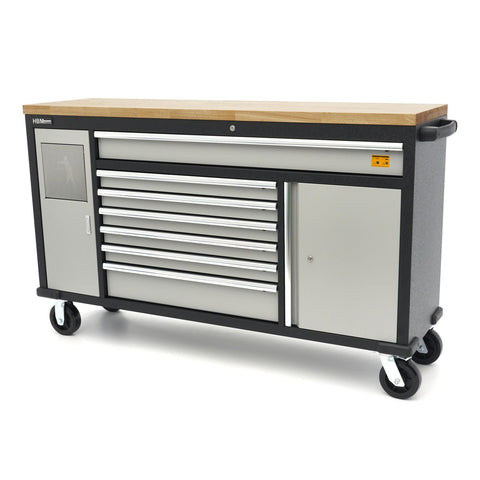MUNKAPAD – MUNKAASZTAL 18 TÁROLÓVAL 168 CM KEMÉNY FA MUNKALAPPAL 220V/USB CSATLAKOZÓVAL HBM