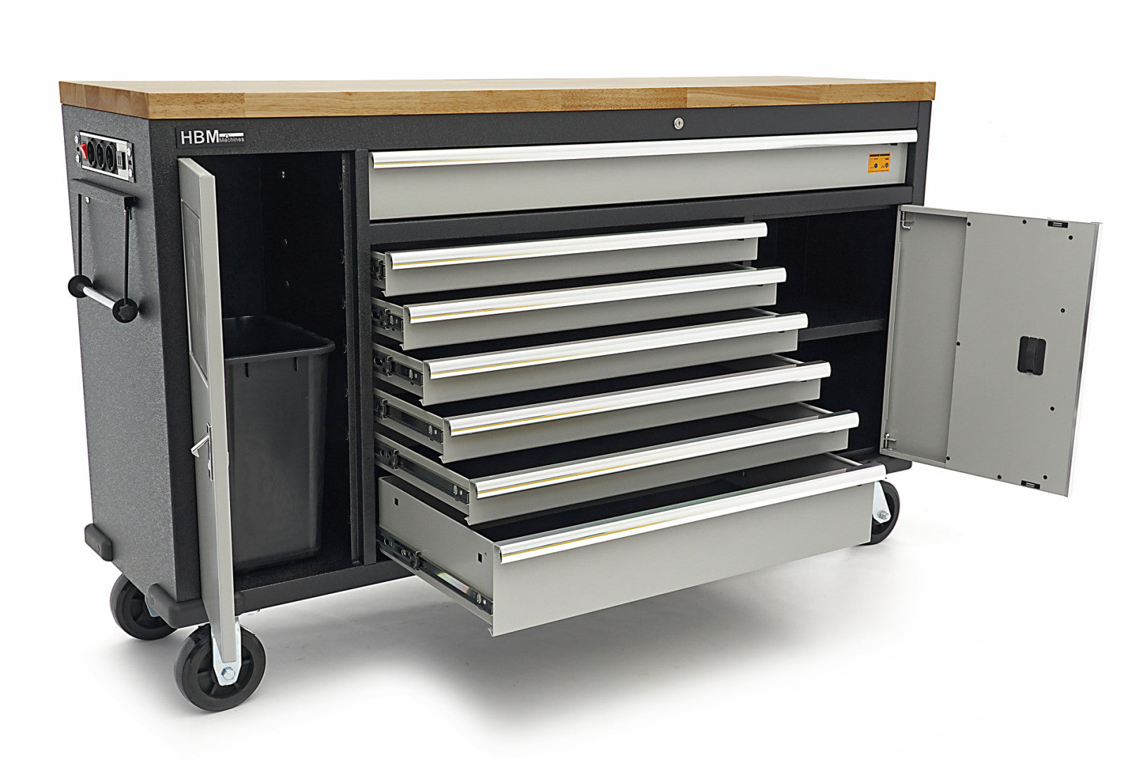 MUNKAPAD – MUNKAASZTAL 18 TÁROLÓVAL 168 CM KEMÉNY FA MUNKALAPPAL 220V/USB CSATLAKOZÓVAL HBM