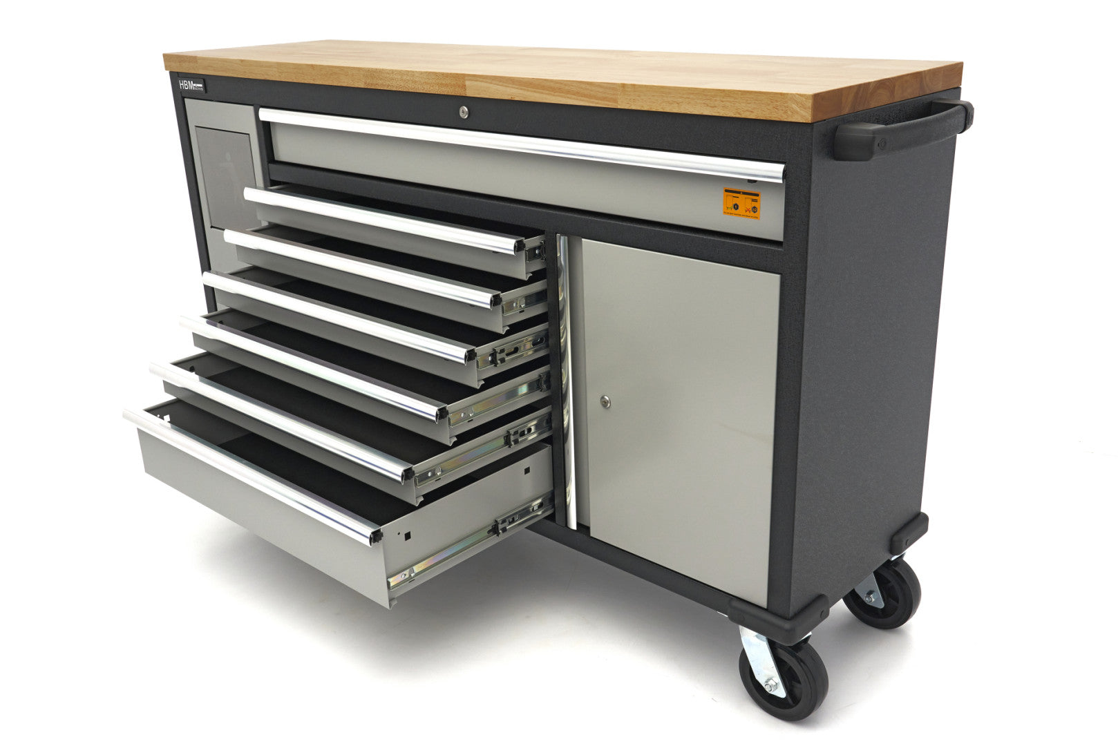 MUNKAPAD – MUNKAASZTAL 18 TÁROLÓVAL 168 CM KEMÉNY FA MUNKALAPPAL 220V/USB CSATLAKOZÓVAL HBM