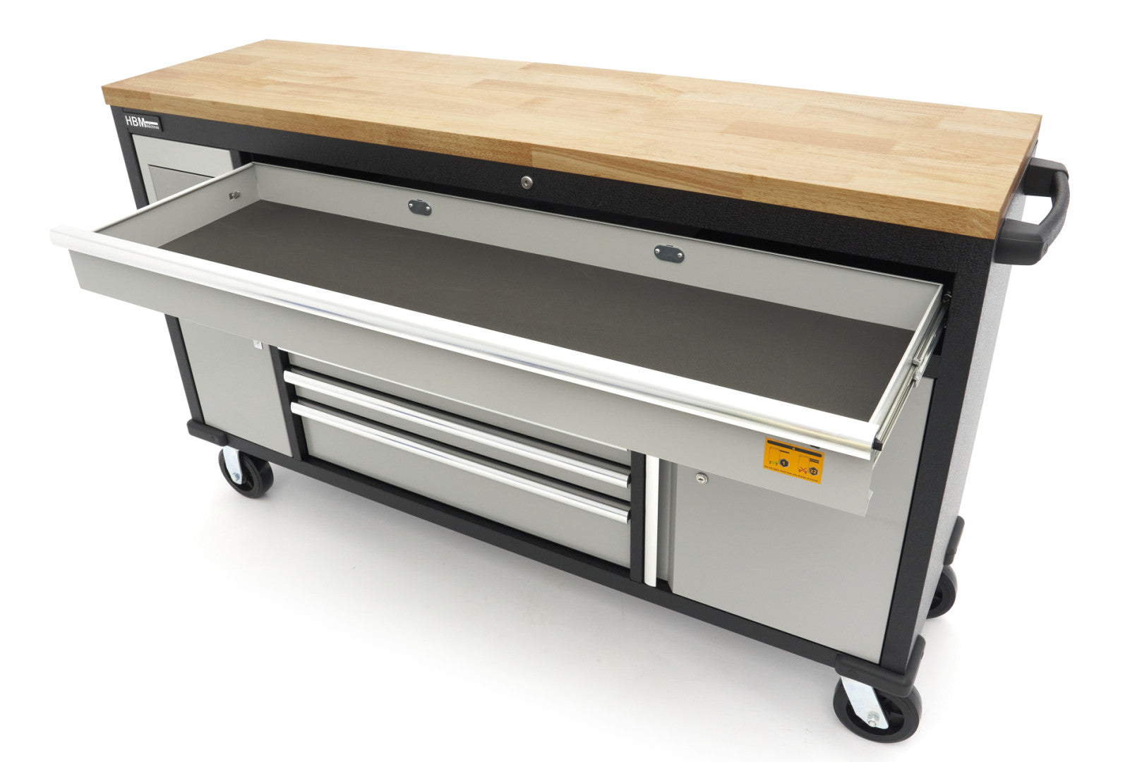 MUNKAPAD – MUNKAASZTAL 18 TÁROLÓVAL 168 CM KEMÉNY FA MUNKALAPPAL 220V/USB CSATLAKOZÓVAL HBM