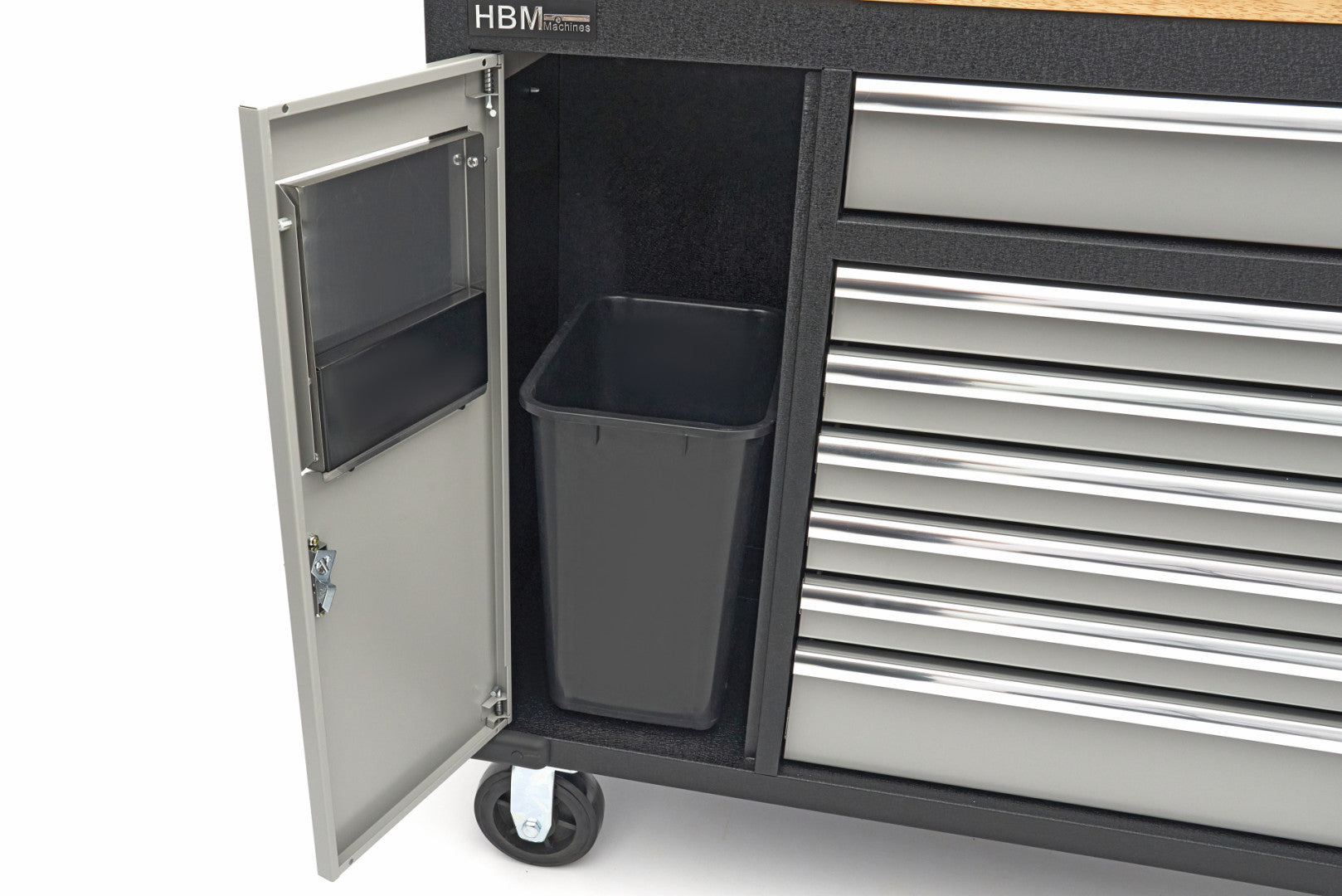 MUNKAPAD – MUNKAASZTAL 18 TÁROLÓVAL 168 CM KEMÉNY FA MUNKALAPPAL 220V/USB CSATLAKOZÓVAL HBM