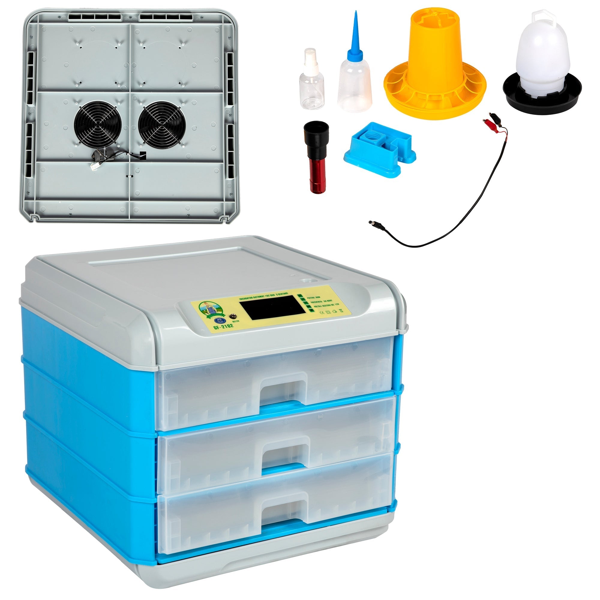 Automatikus inkubátor 192 tojáshoz, 3 fiókkal 80W