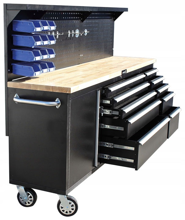 PROFESSZIONÁLIS MUNKAPAD - MODULÁRIS FÉM BÚTORKÉSZLET FA MUNKALAPPAL ÉS SZERSZÁMTARTÓ PANELLEL 214 CM