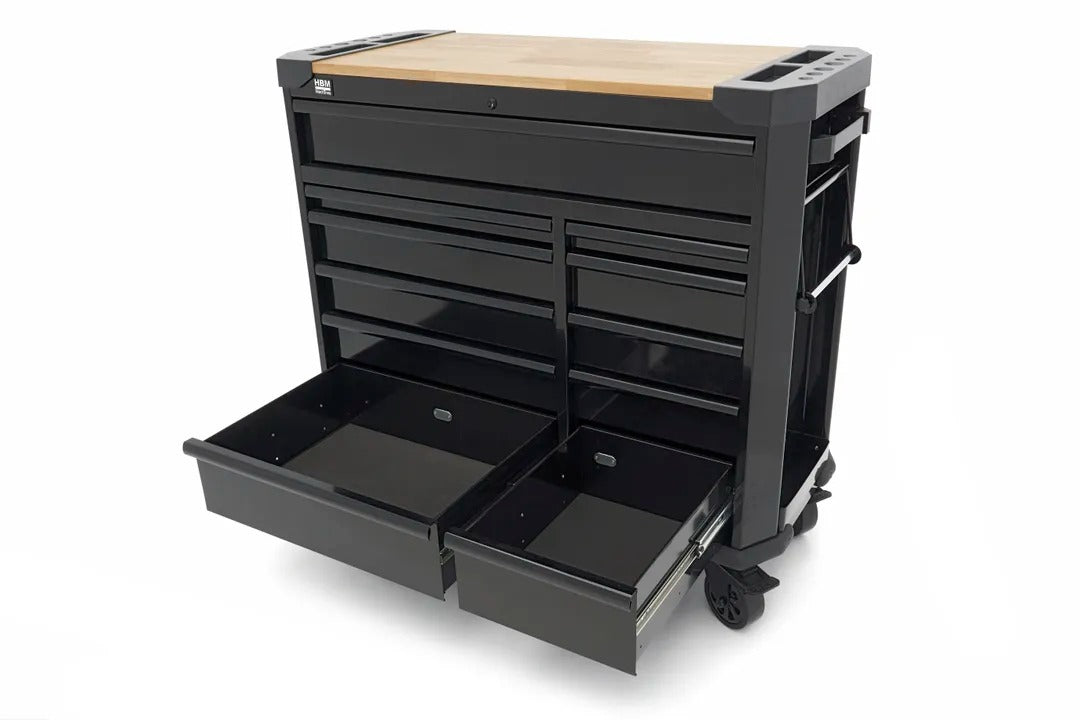 PROFESSZIONÁLIS FÉM SZERSZÁMOS SZEKRÉNY FA MUNKALAPPAL 11 FIÓK 109 CM HBM HOLLANDIA