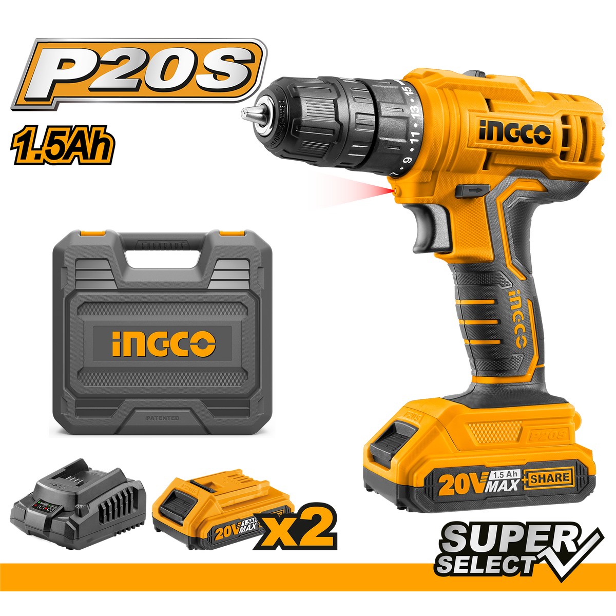 FÚRÓ - CSAVAROZÓ 2 AKKUMULÁTORRAL 1.5AH 20V INGCO