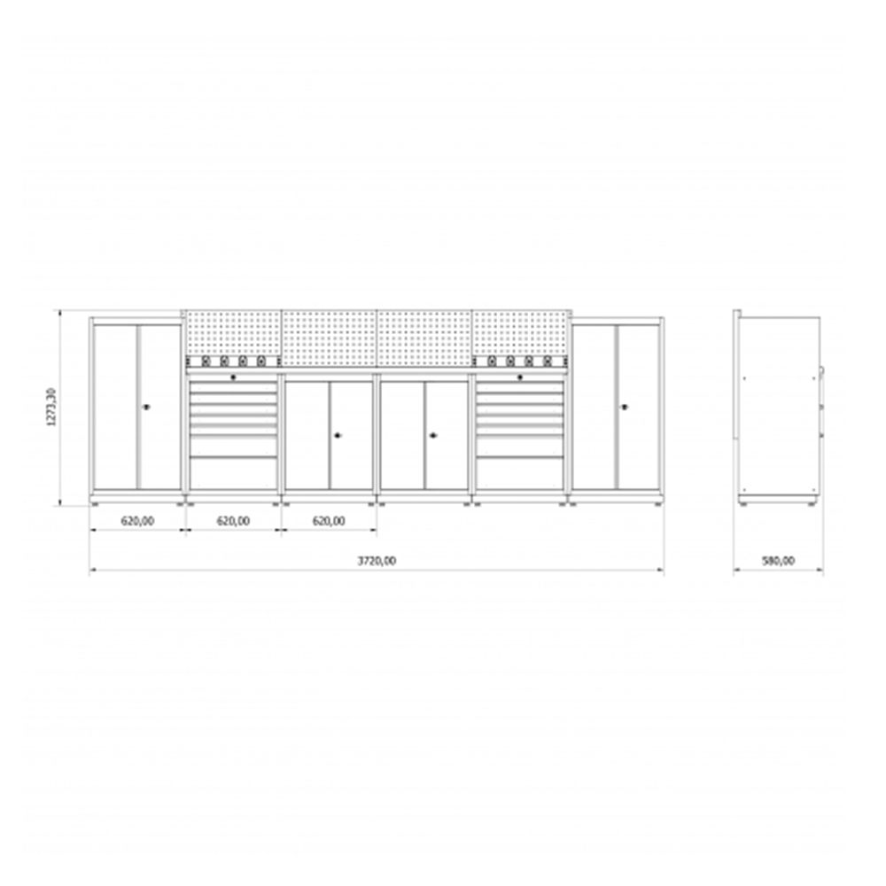 FÉM MŰHELYSZEKRÉNY KÉSZLET MUNKALAPPAL 3.72M H MODEL