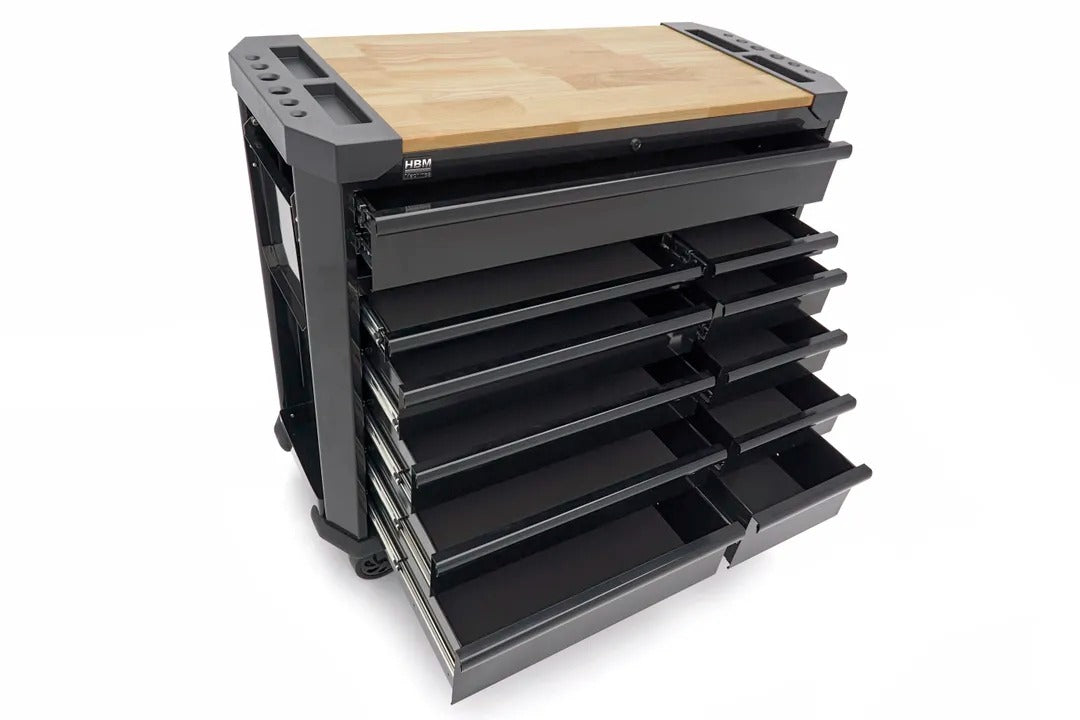 PROFESSZIONÁLIS FÉM SZERSZÁMOS SZEKRÉNY FA MUNKALAPPAL 11 FIÓK 109 CM HBM HOLLANDIA