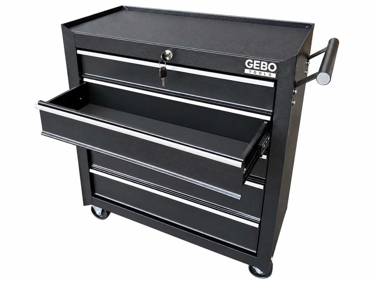 Üres fém szerszámos kocsi - szerszámos szekrény 5 fiókos, fekete, kerekekkel 78 x 62 x 33 cm GEBO TOOLS