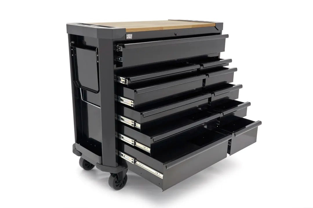 PROFESSZIONÁLIS FÉM SZERSZÁMOS SZEKRÉNY FA MUNKALAPPAL 11 FIÓK 109 CM HBM HOLLANDIA