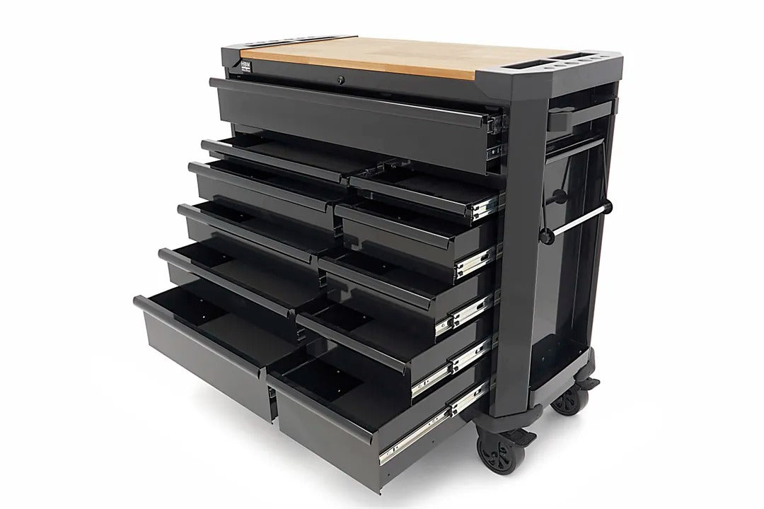 PROFESSZIONÁLIS FÉM SZERSZÁMOS SZEKRÉNY FA MUNKALAPPAL 11 FIÓK 109 CM HBM HOLLANDIA