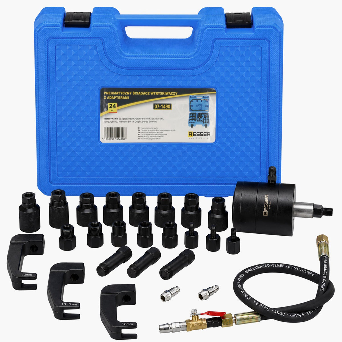 Pneumatikus injektor kihúzó készlet adapterekkel, 24 db, Bosch, Delphi, Denso, Siemens