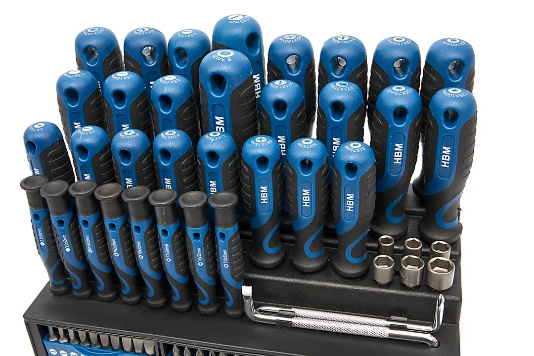 100 DARABOS KÉSZLET: CSAVARHÚZÓ, BITEK, DUGÓKULCSOK, CRV ACÉLBÓL TÁROLÓ ÁLLVÁNNYAL PUHA FOGANTYÚ HBM HOLLANDIA