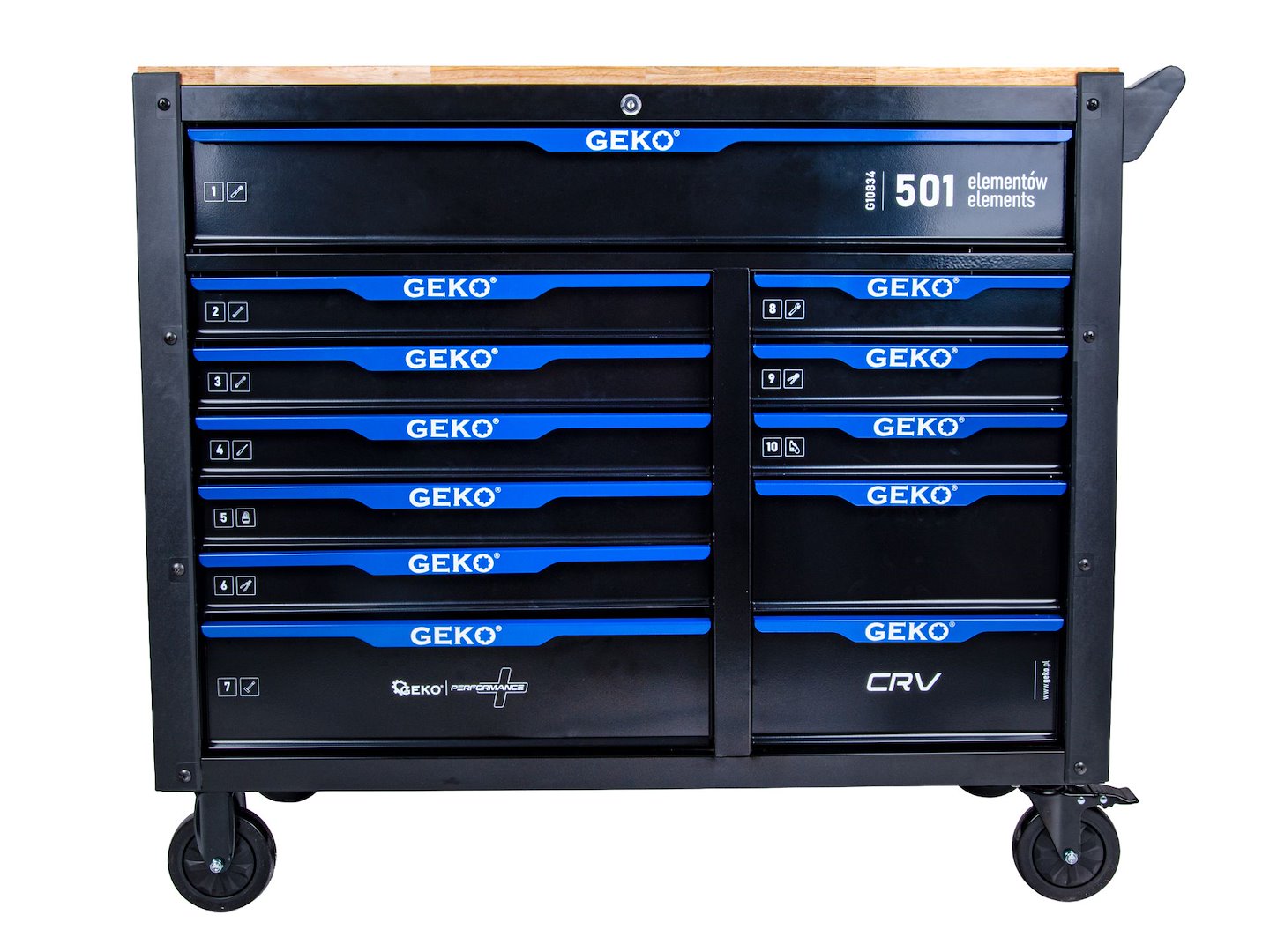Felszerelt szerszámos kocsi – szerszámos szekrény 12 fiókkal 10 modul 501 db