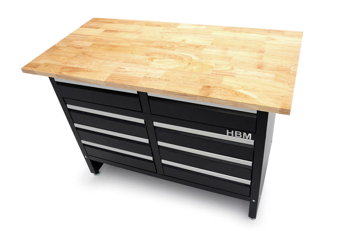 Fém munkaasztal – munkapad 120 cm 8 tárolóval és kemény fa munkalappal