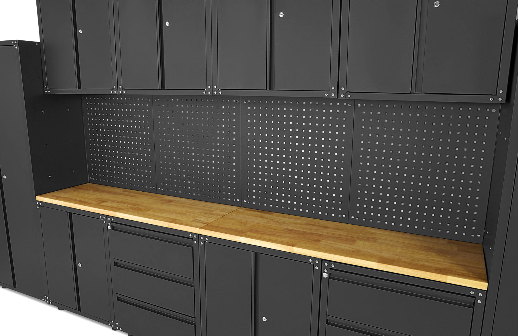 FÉM SZEKRÉNY KÉSZLET MUNKALAPPAL MŰHELYBE 236.5 X 402 X 48.2 CM MATT FEKETE 16 DB HBM MACHINES