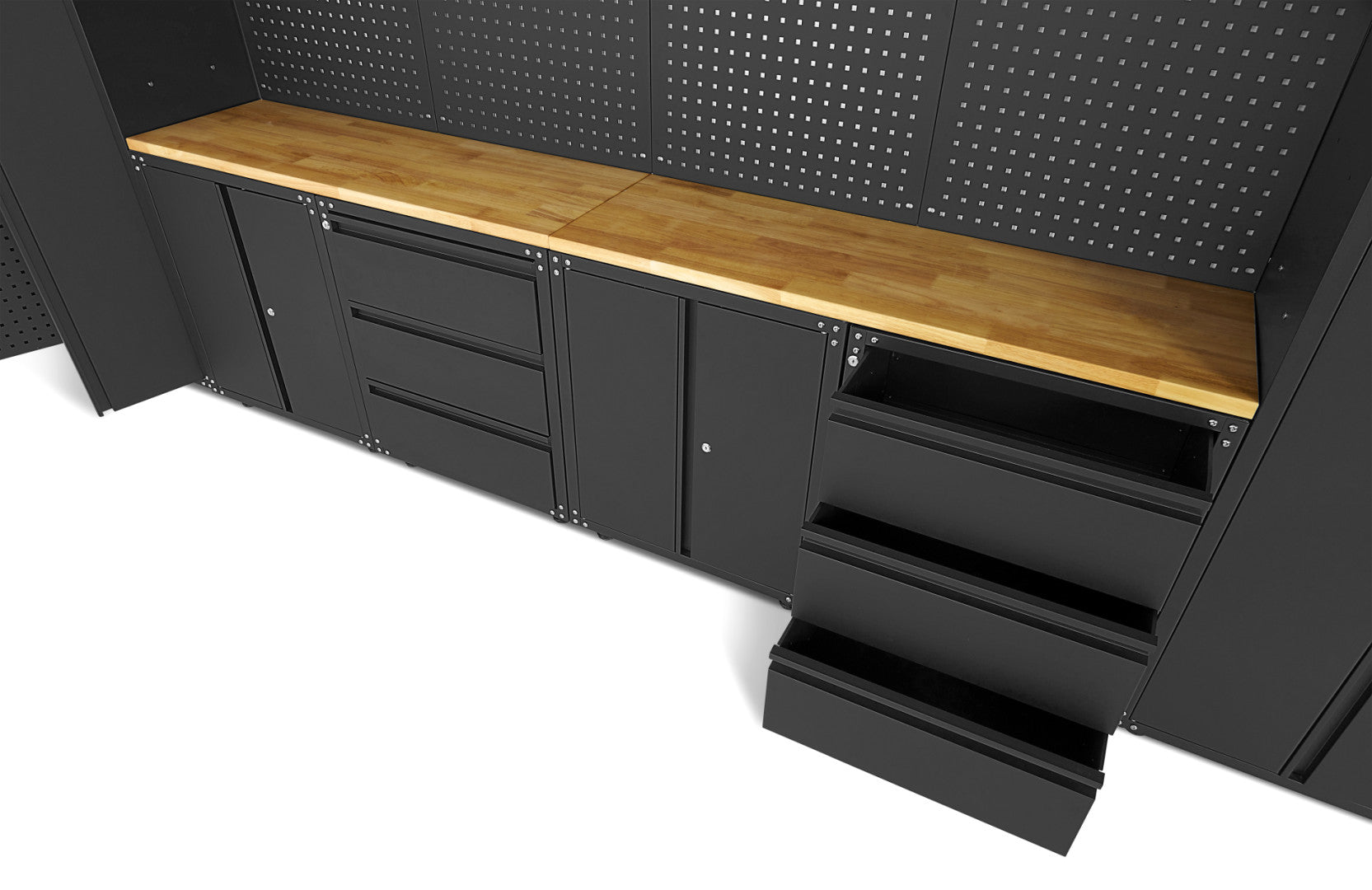 FÉM SZEKRÉNY KÉSZLET MUNKALAPPAL MŰHELYBE 236.5 X 402 X 48.2 CM MATT FEKETE 16 DB HBM MACHINES