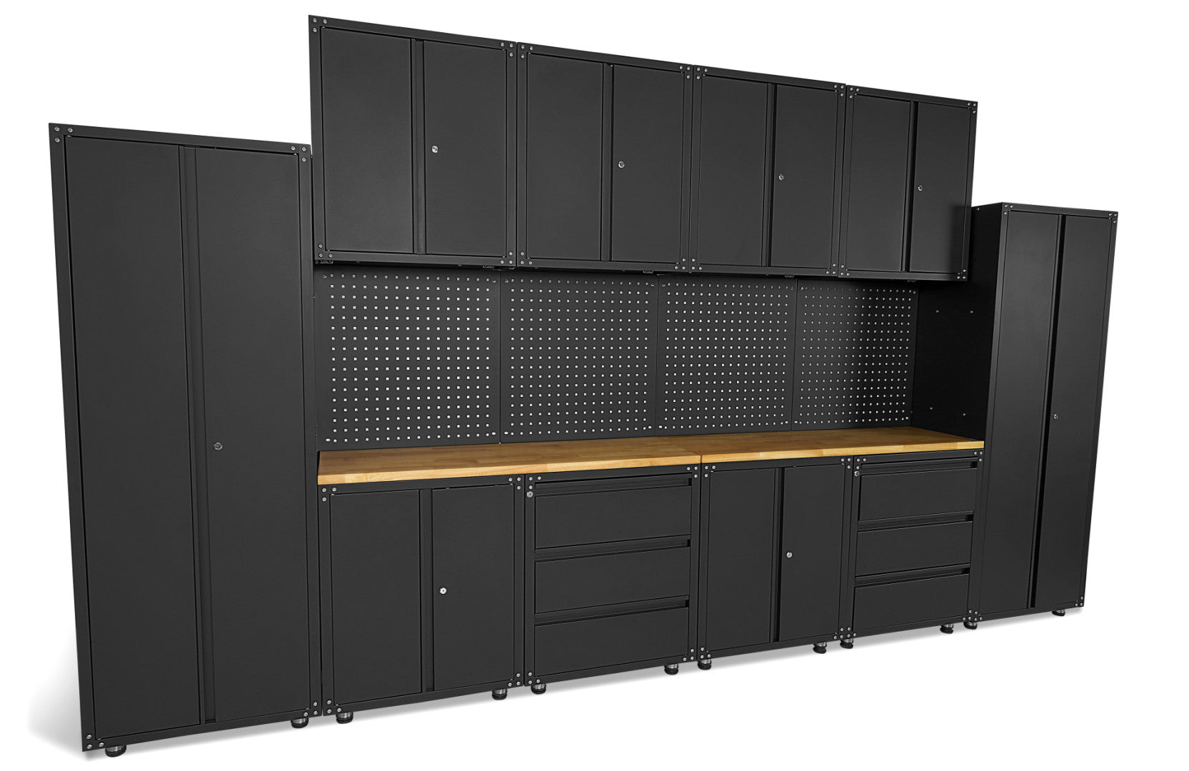 FÉM SZEKRÉNY KÉSZLET MUNKALAPPAL MŰHELYBE 236.5 X 402 X 48.2 CM MATT FEKETE 16 DB HBM MACHINES