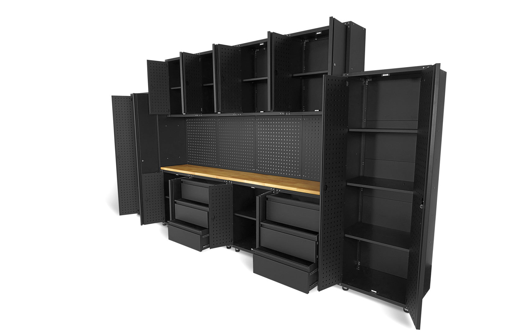 FÉM SZEKRÉNY KÉSZLET MUNKALAPPAL MŰHELYBE 236.5 X 402 X 48.2 CM MATT FEKETE 16 DB HBM MACHINES