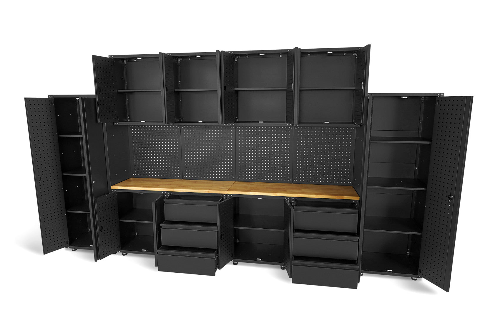 FÉM SZEKRÉNY KÉSZLET MUNKALAPPAL MŰHELYBE 236.5 X 402 X 48.2 CM MATT FEKETE 16 DB HBM MACHINES