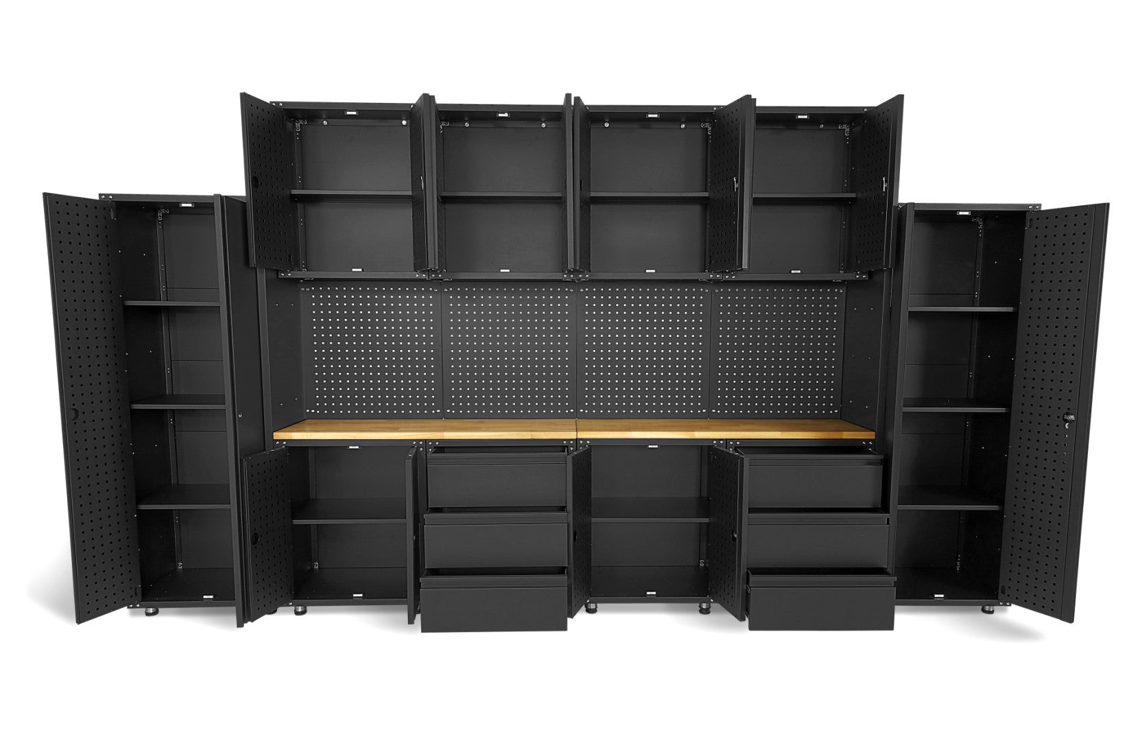 FÉM SZEKRÉNY KÉSZLET MUNKALAPPAL MŰHELYBE 236.5 X 402 X 48.2 CM MATT FEKETE 16 DB HBM MACHINES