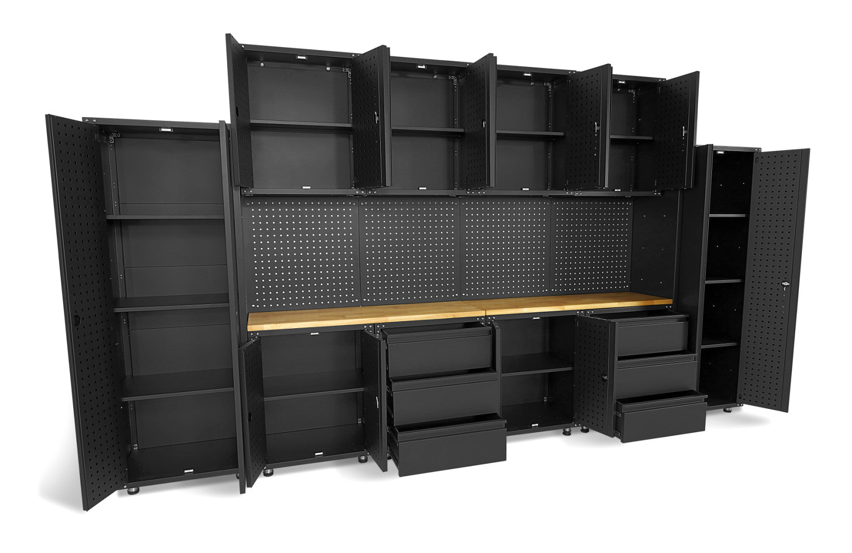 FÉM SZEKRÉNY KÉSZLET MUNKALAPPAL MŰHELYBE 236.5 X 402 X 48.2 CM MATT FEKETE 16 DB HBM MACHINES