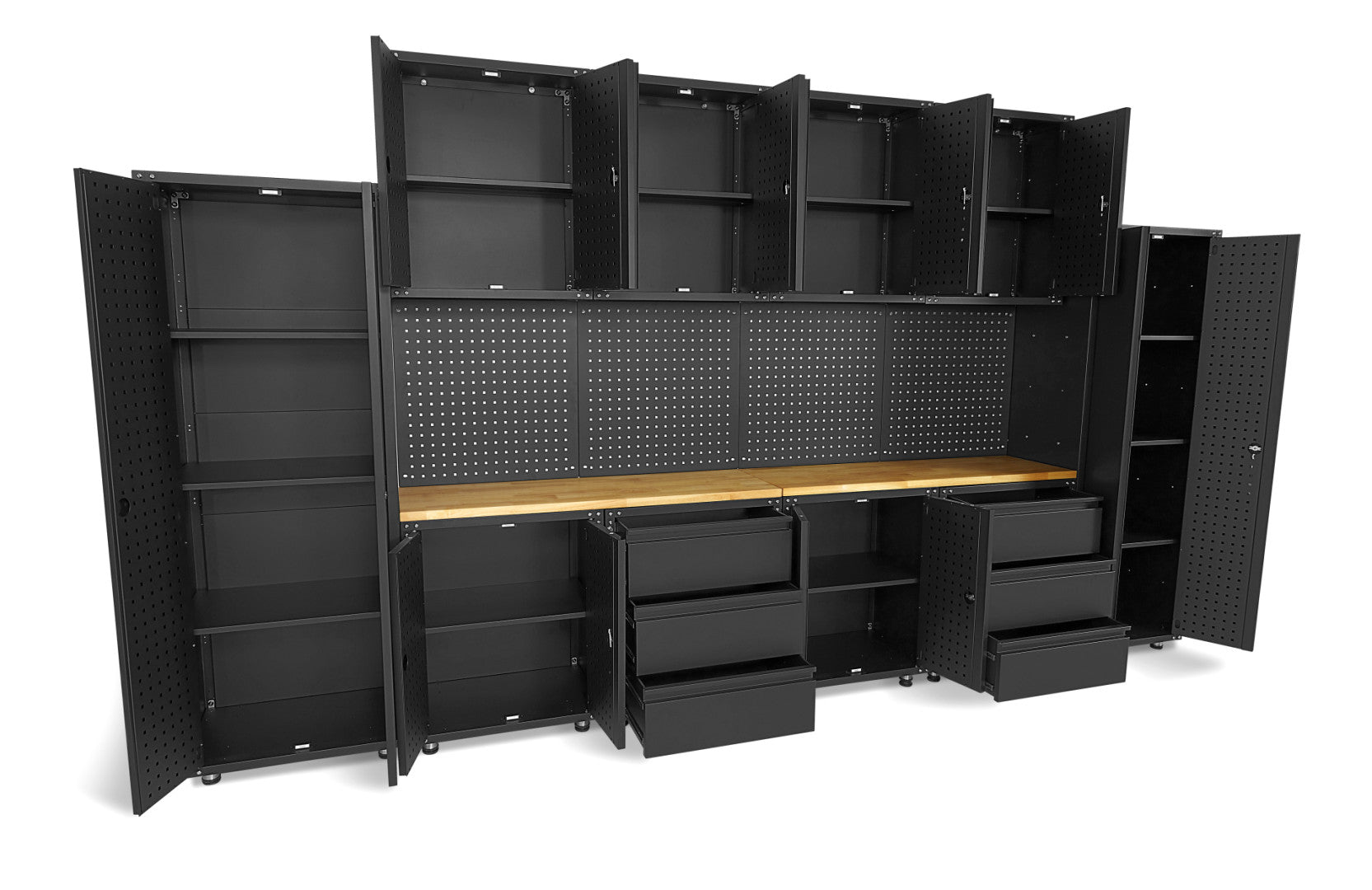 FÉM SZEKRÉNY KÉSZLET MUNKALAPPAL MŰHELYBE 236.5 X 402 X 48.2 CM MATT FEKETE 16 DB HBM MACHINES